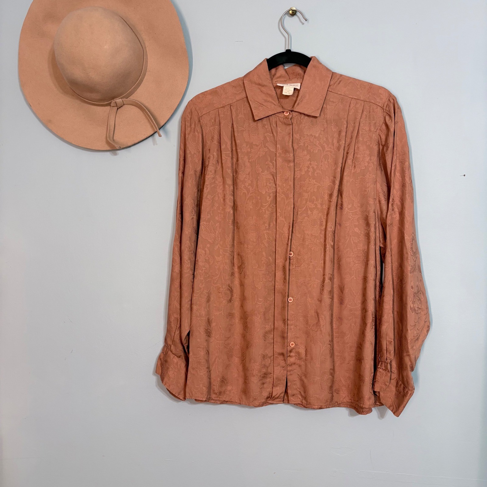 Vintage John Meyer 70s Embossed Floral Jacquard Blouse Terracotta Pink Size 14