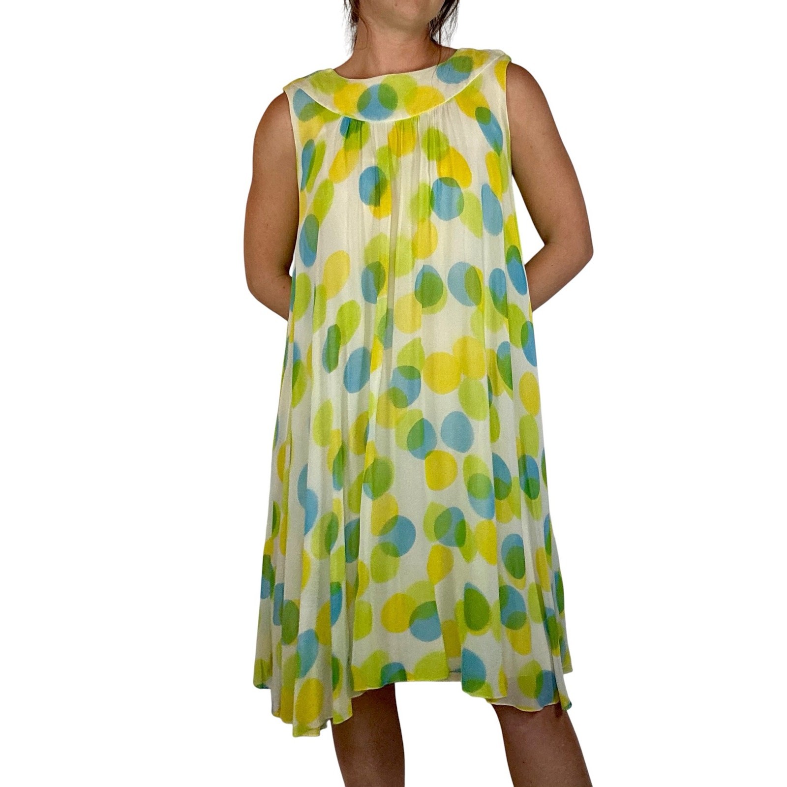 Vintage 1960s Jr Theme Silk Chiffon Babydoll Dress Pink Green Polka Dot 60s