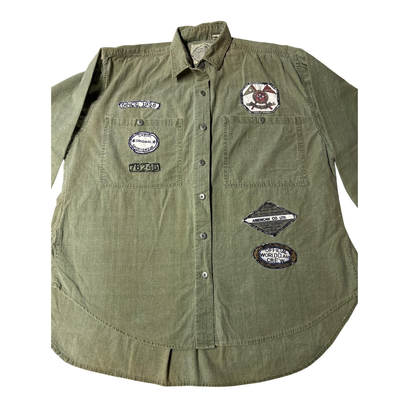 Vintage Y2K Citron Vert Olive Green Long Sleeve Military Look Patches Shirt WS