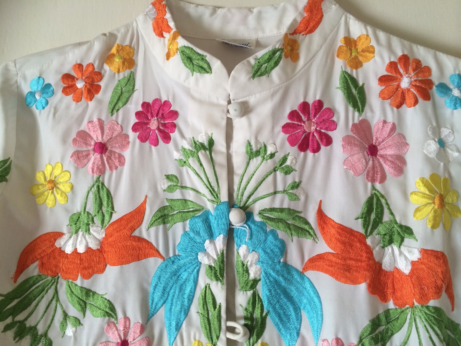 60s Jacket~Long Tunic Blouse~Embroidered Floral Hippie~Mandarin Collar~Size ML