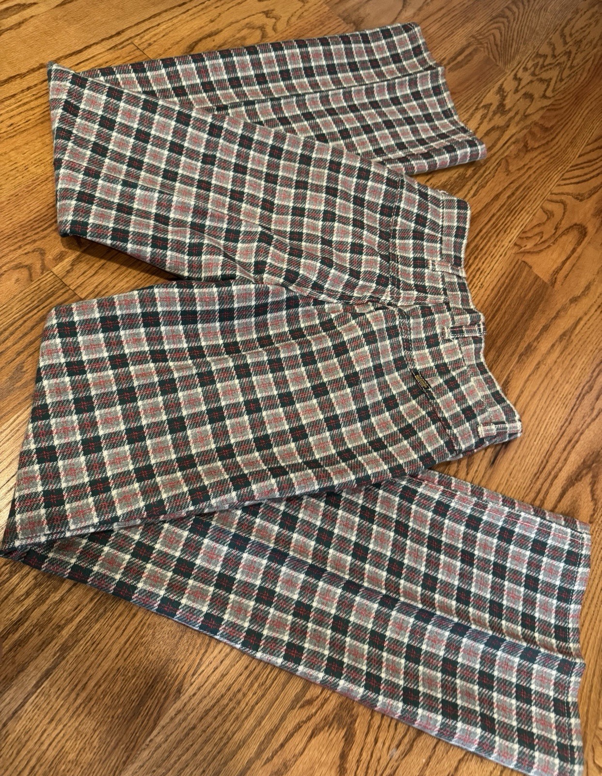 Vtg 1970s Maverick Plaid Pants XS 24×31 Green Red Checkered Bell Bottoms EUC