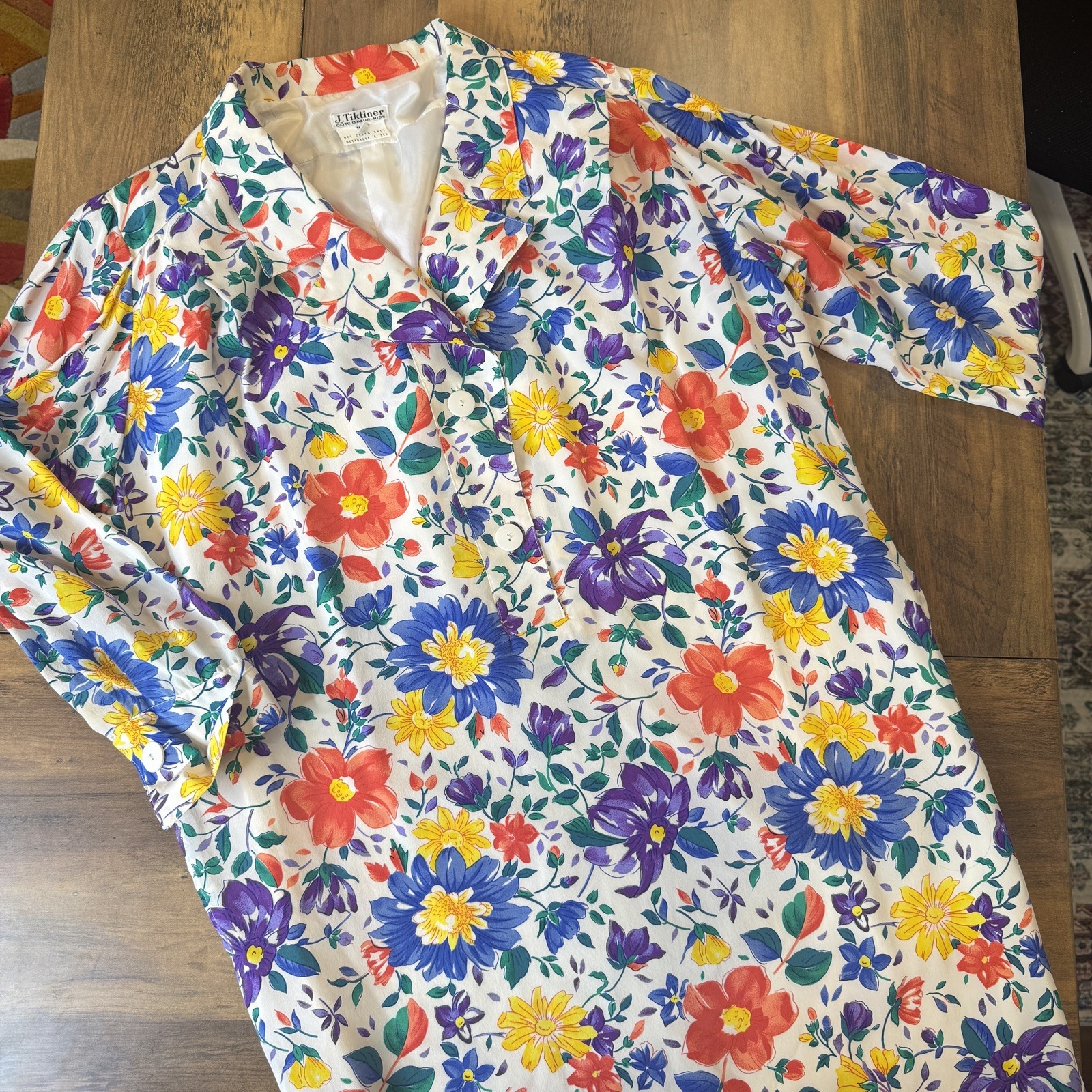 Vtg J. Tiktiner French Silk Floral Shirt Dress Sz 14 80s Cottagecore Designer