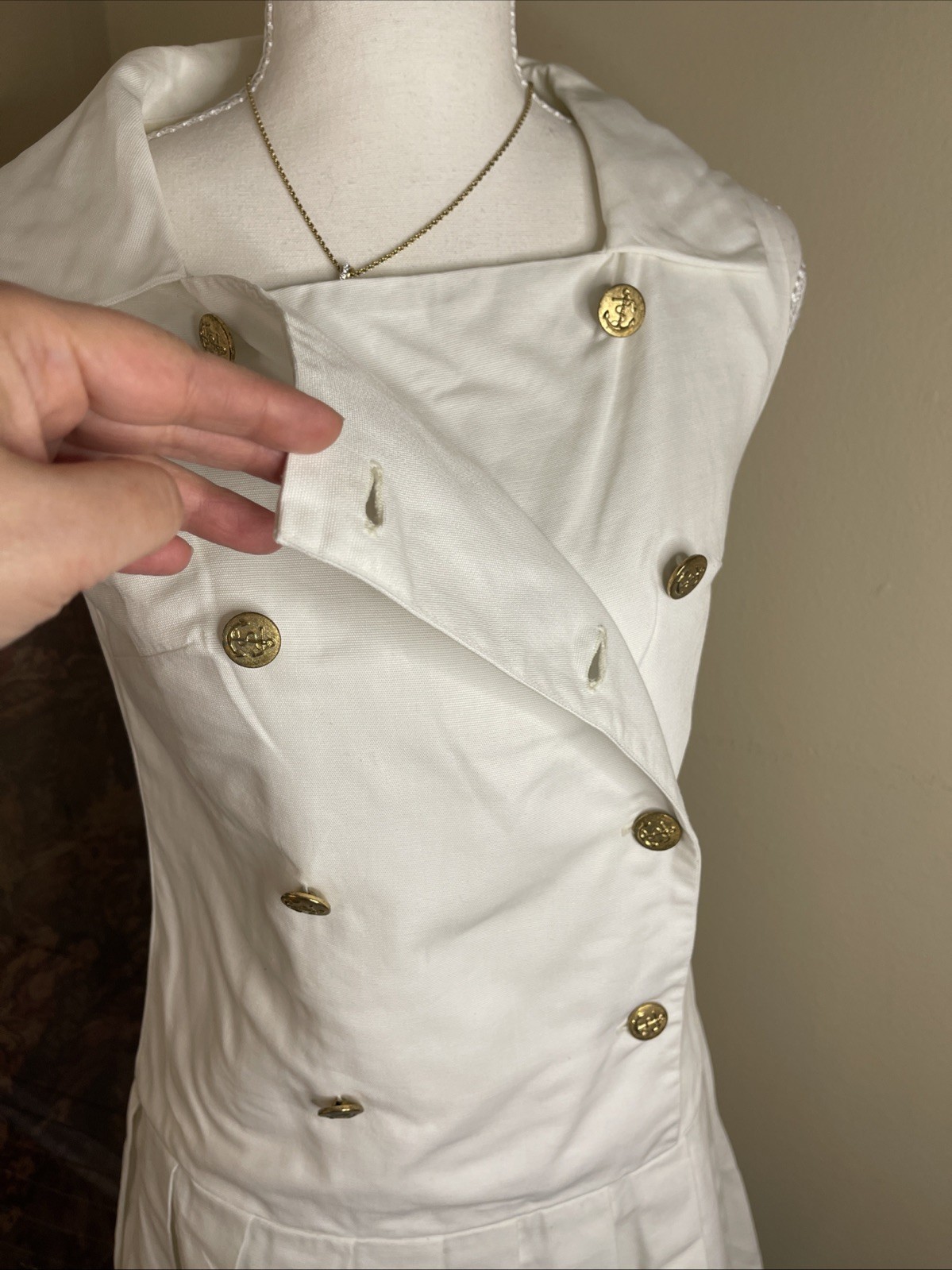 Vintage Thermo Jac Nautical Sailor Dress White Gold Button Pleated