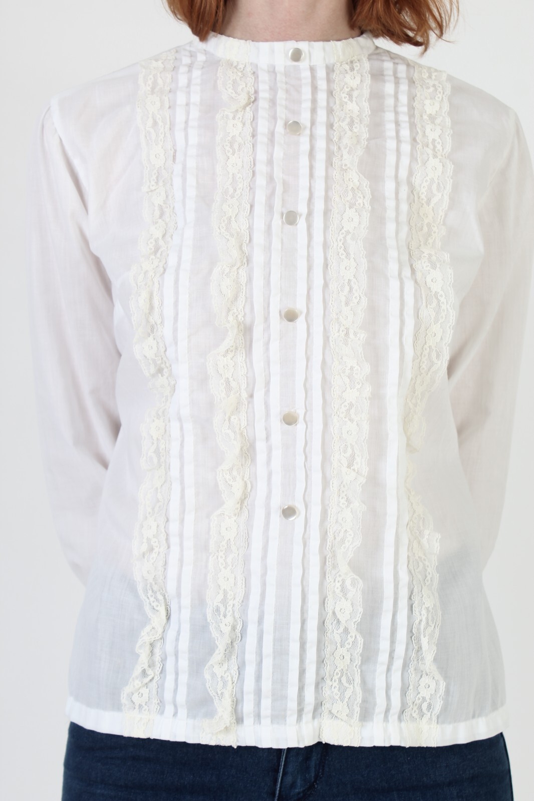 Vtg Off Wht Vertical Pleated Sheer Lace Blouse Victorian Button Up Tunic Shirt