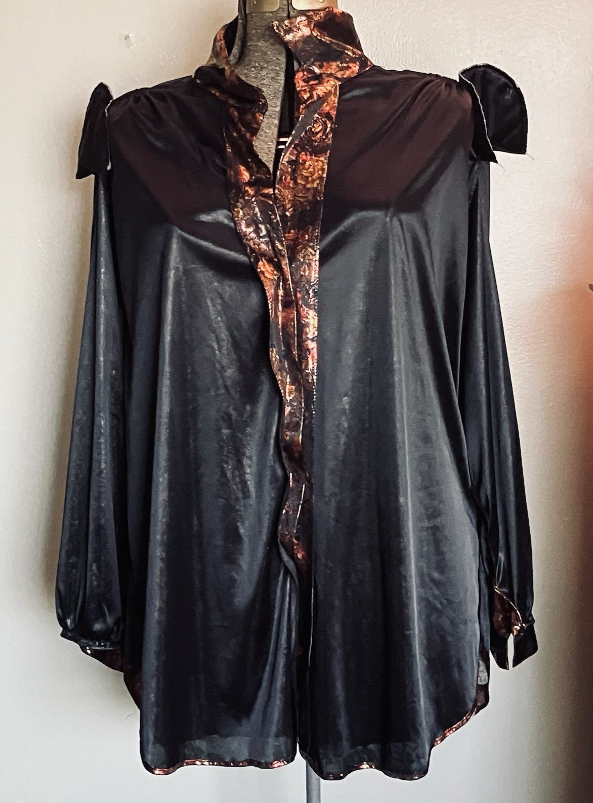 VTG Foil Button Down Blouse 22w Joanne Plus Black Rose Gold Long Sleeve 80s 90s