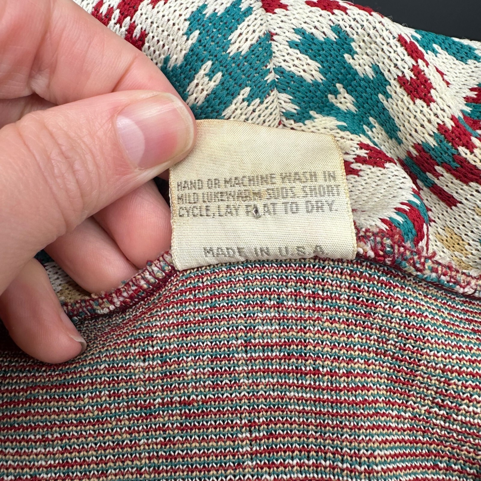 Vintage Cardigan Jacket 1970s Jane Colby USA Aztec Belted Maroon Teal Medium