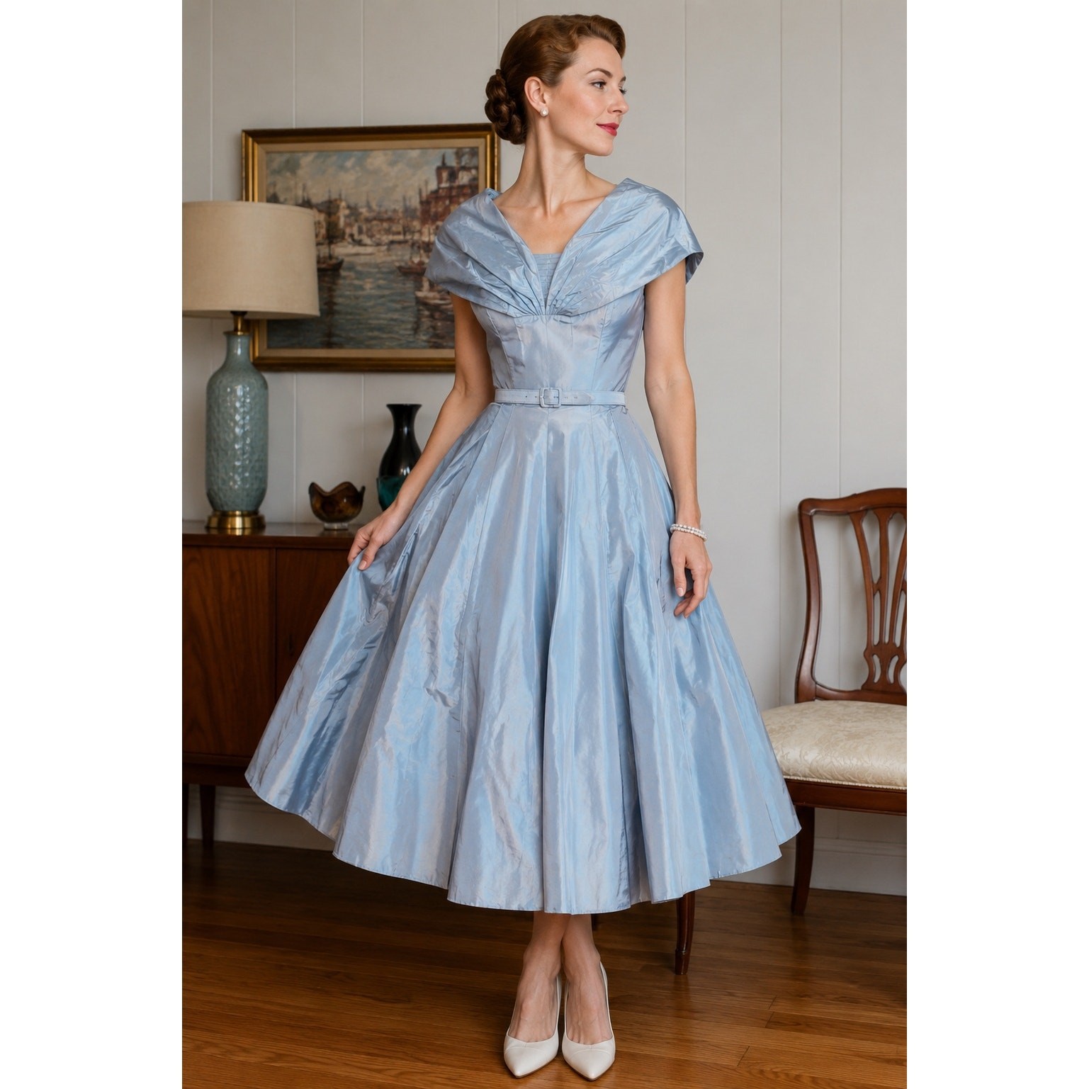 VTG Custom 1950s Iridescent Blue Party Dress Original Crinoline – Small (US 4–6)