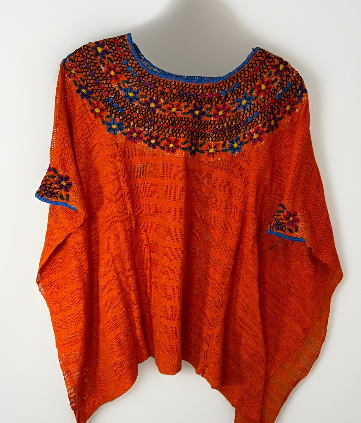 Vtg Mexican Floral Embroidere Huipil Poncho Top Orange Fiesta Boho Handmade