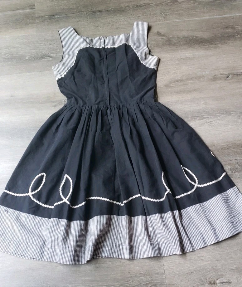VTG 50s Black Gingham Rockabilly Dress Sz XS/S? Fit Flare Pinup Trad Wife DAMAGE