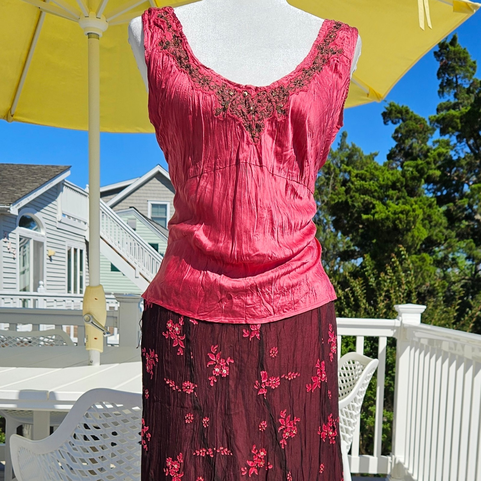 VTG Y2K Monsoon 100% Silk Embellished Rhinestone Bias Cut Cami Top And Skirt Set