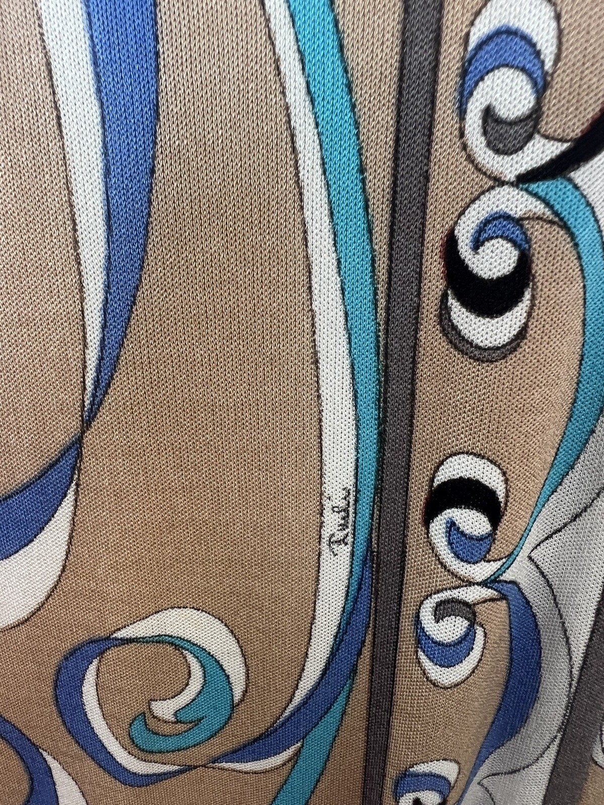 Vintage Modern 70s Emilio Pucci Maxi Dress Beige Blue Silk Polyester Sz small