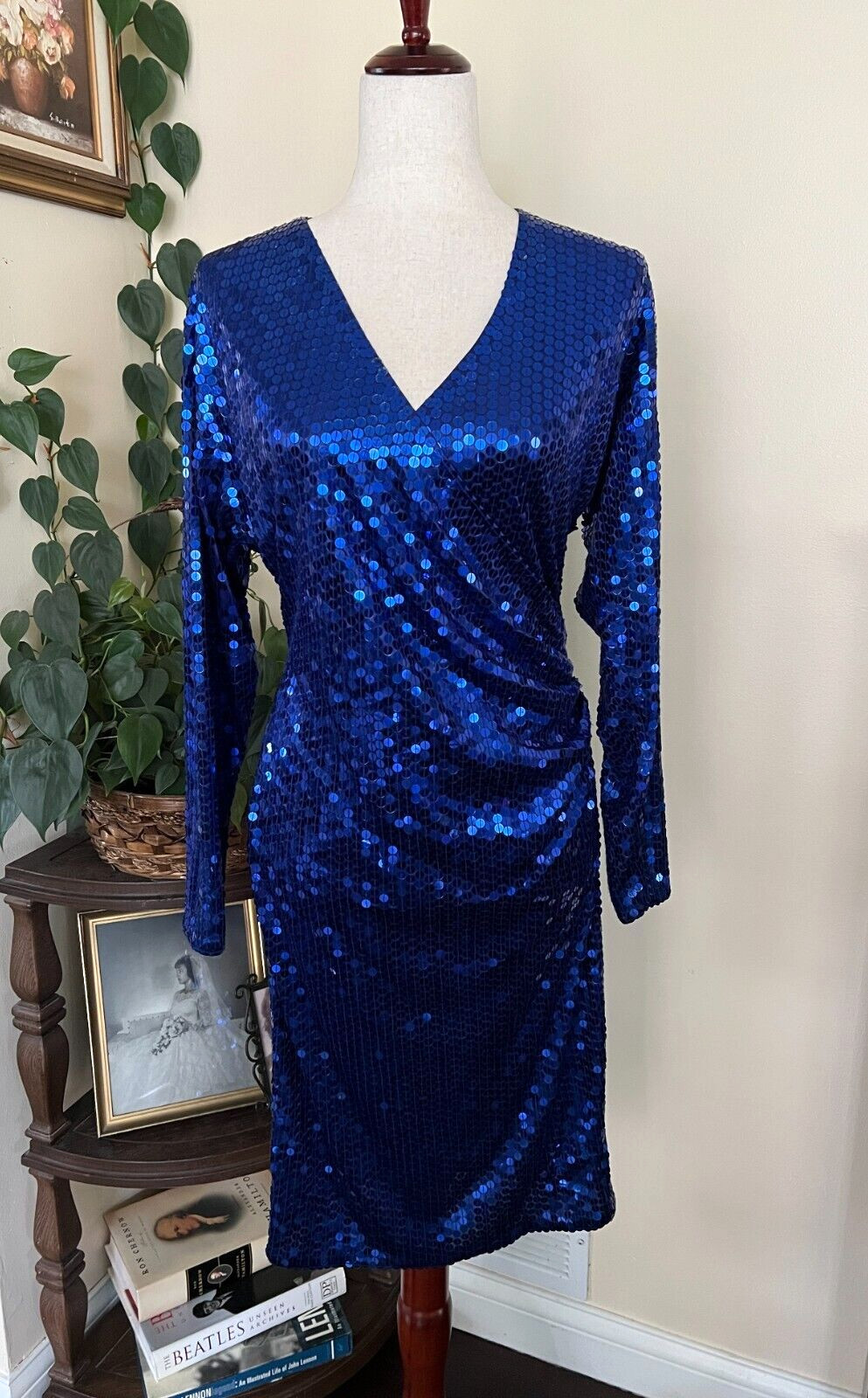 Nite Line Vintage Blue Sequin Long Sleeve Cocktail Dress sz 8
