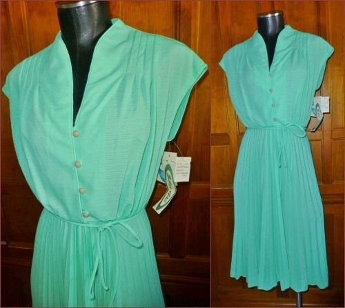 NwT VTG 70s Semi Sheer Pleat Full Skirt Boho Cocktail Secretary Belted DRESS