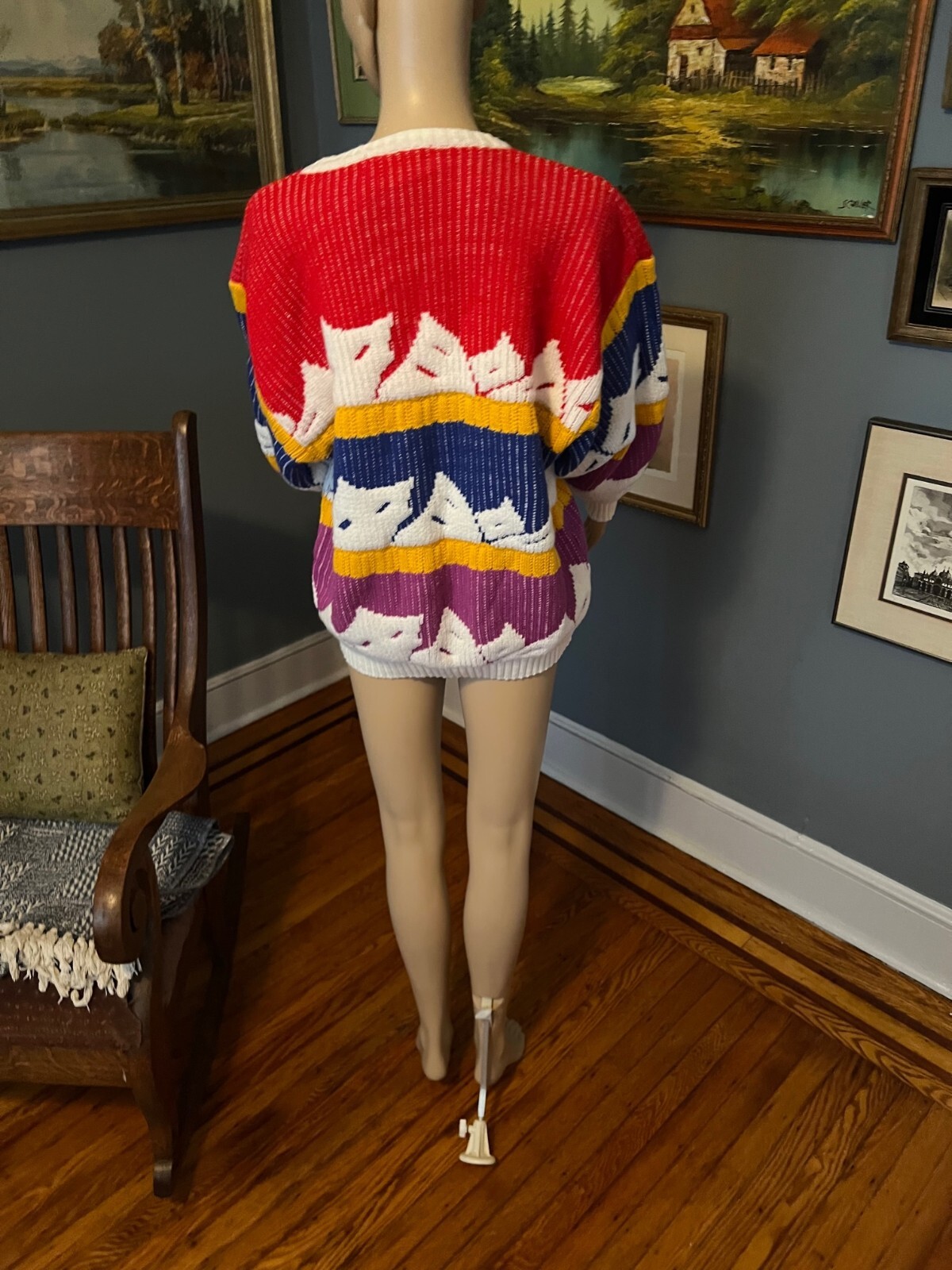 Vtg 80s Organically Grown Large Red Yellow Blue White Sweater Oversize Crew Neck