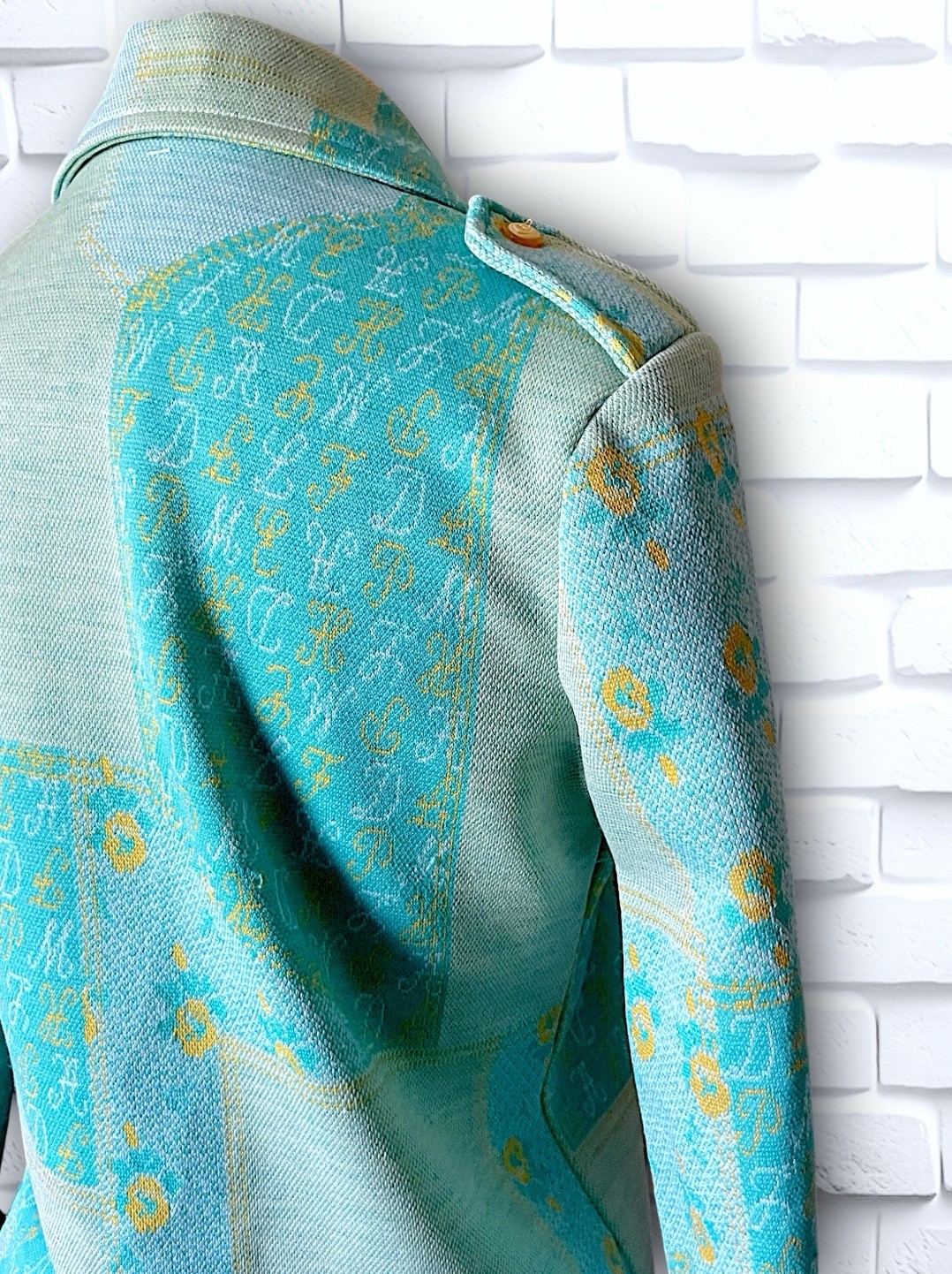 1960’s Teal, Sea Foam Green & Yellow Patchwork & Monogram Pattern Suit Spring