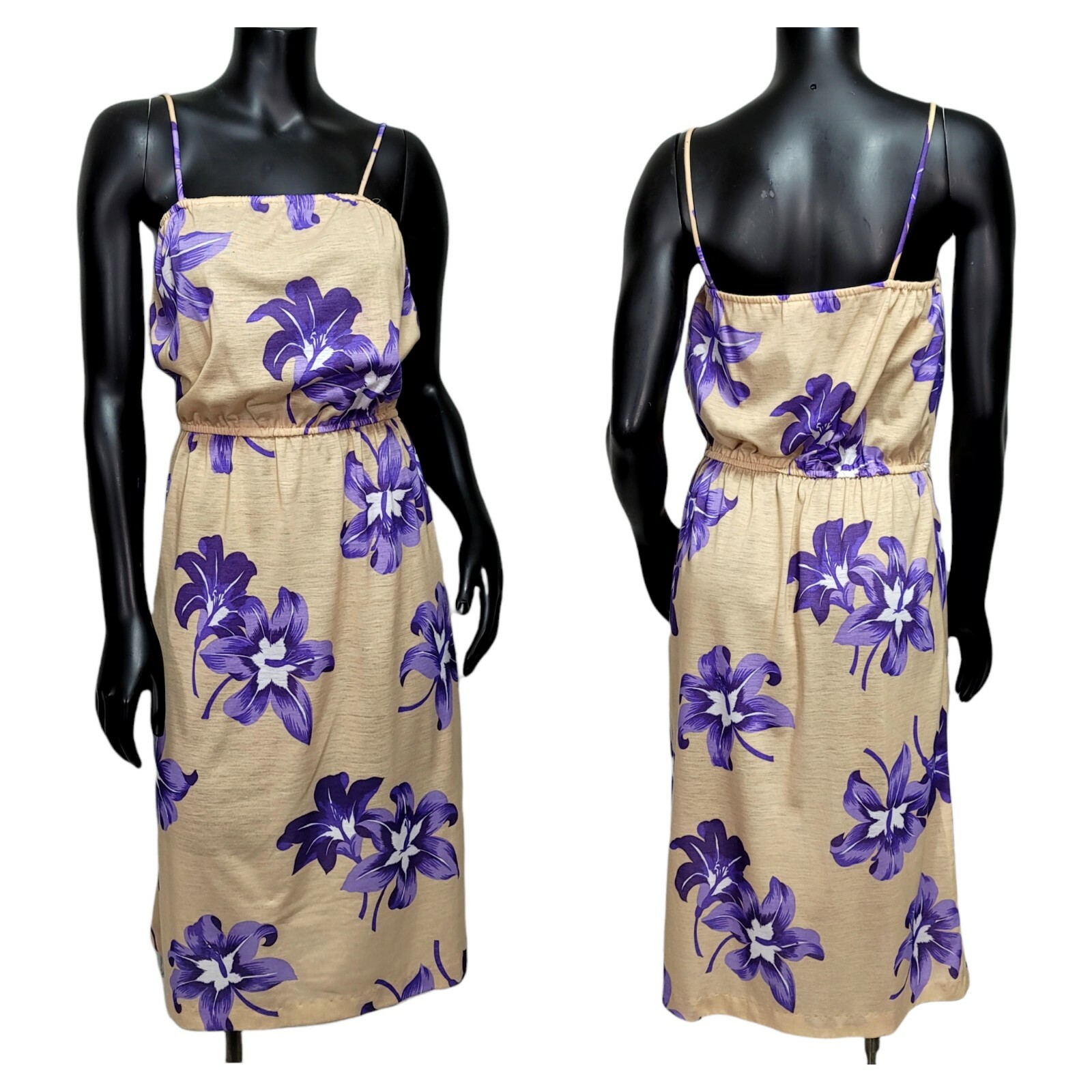 Vintage 70s 80s Sally Lou M/L Beige Purple Tropical Floral Sheath Day Dress