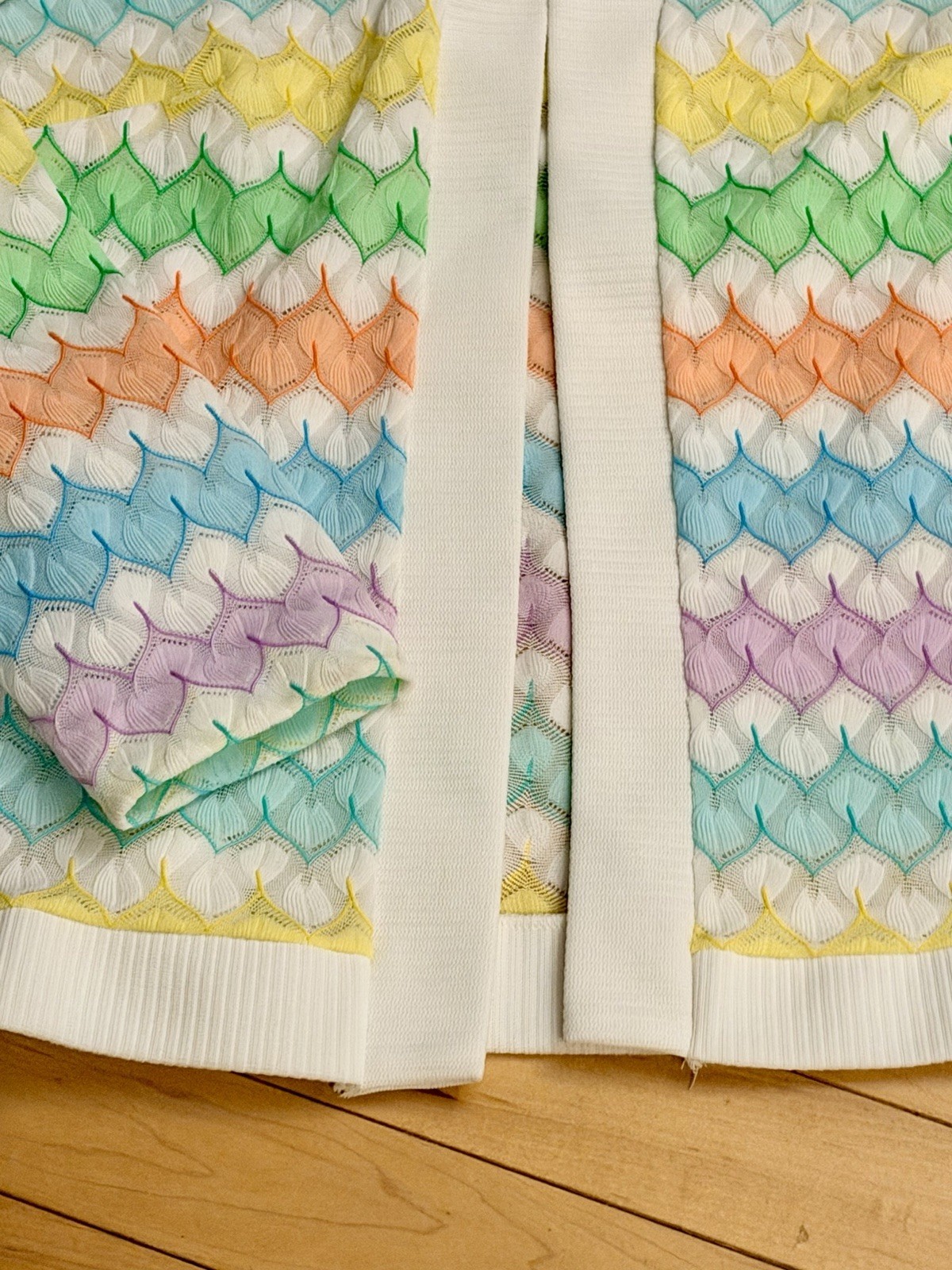 Vintage 1970s Rainbow Chevron Open Knit Cardigan Mod Textured Sweater S/M 19×21