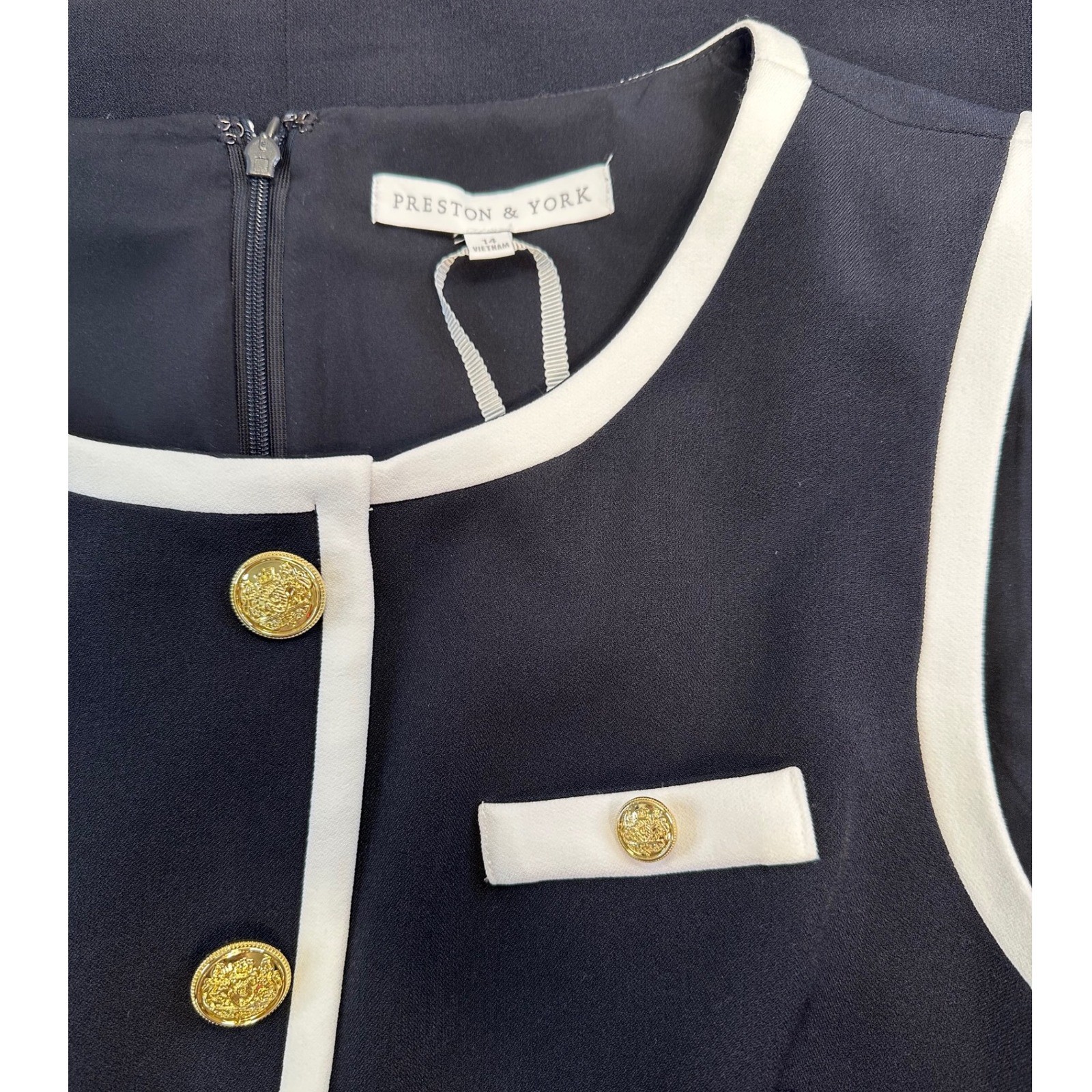 PRESTON & YORK Navy Blue & White Sleeveless Sailor Dress Gold Buttons NWT | 14
