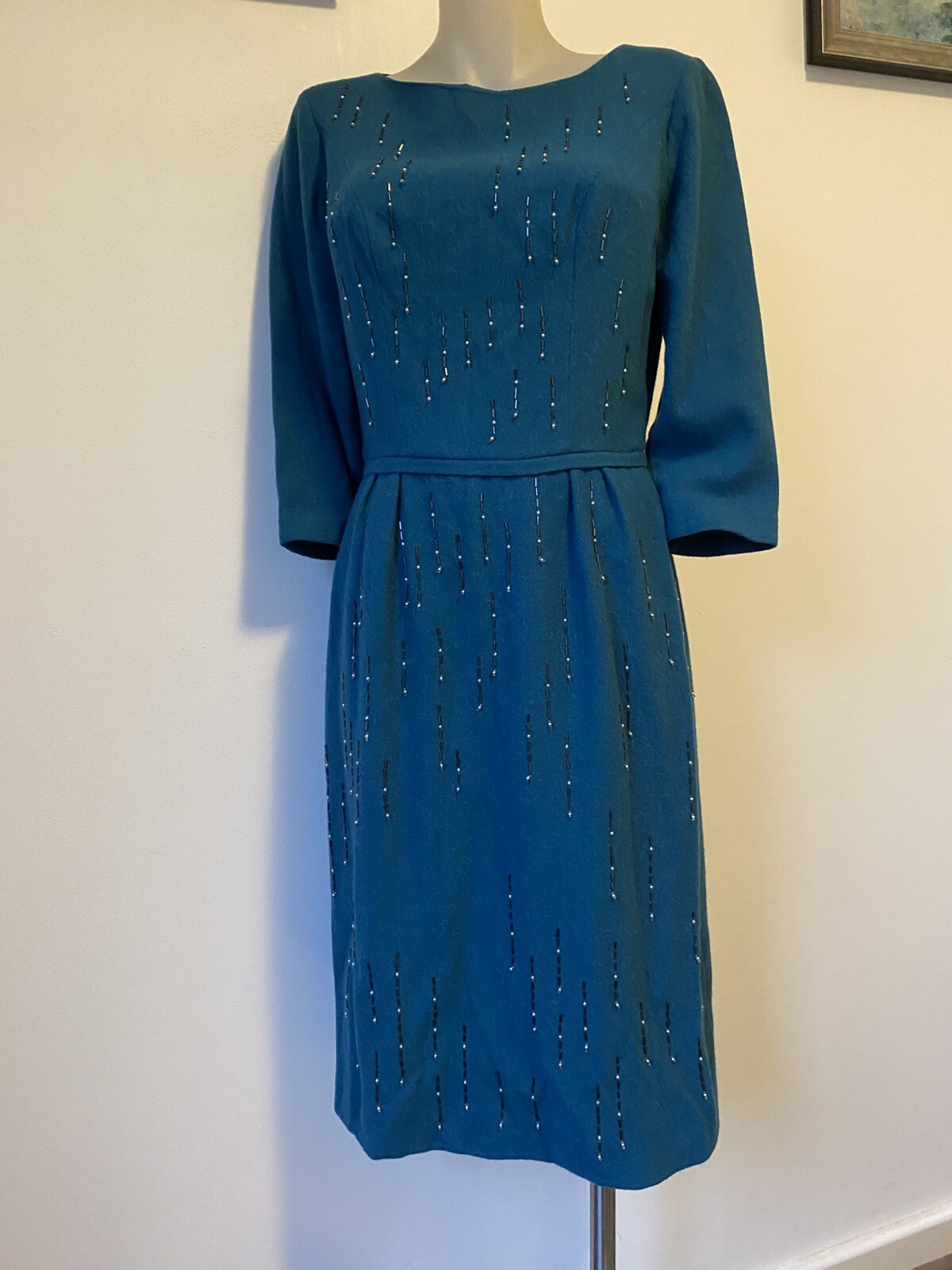 50, S Teal Soft Wool Lined Beaded Sheath.36”B28” W40” H.AS iS