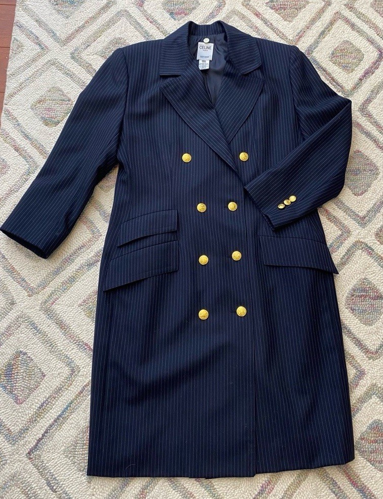 Vintage Celine Wool Pinstripe Double Breasted Coat Dress Removable Collar