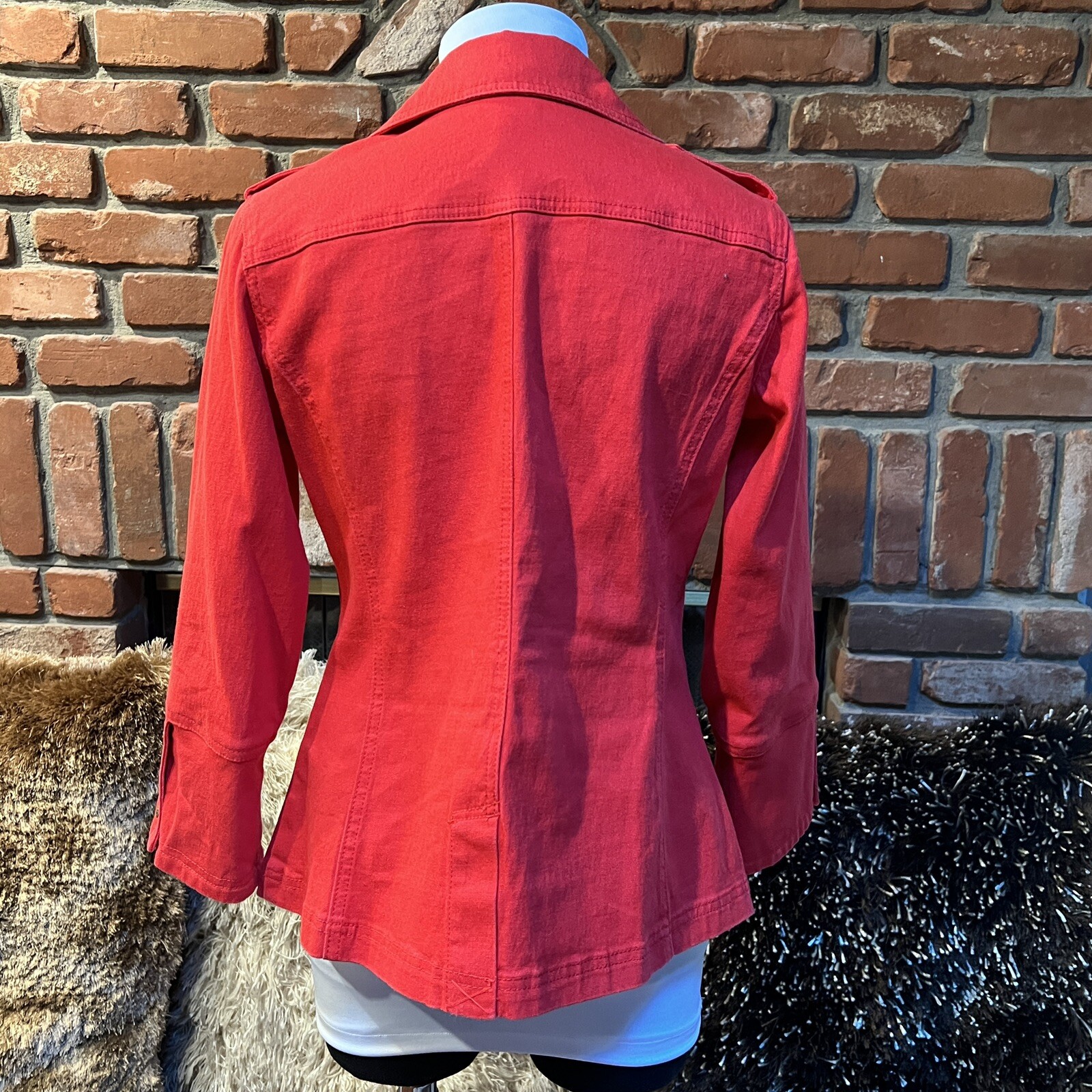 DIANE GILMAN DG2 Red / Brass Hardware Accent Stretch Denim Blazer Jacket XS S M