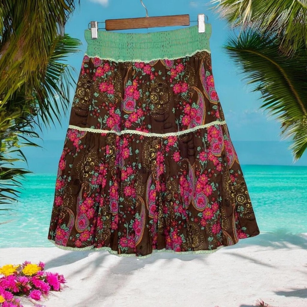 Vintage pink, brown and green cotton skirt karma, living skirt