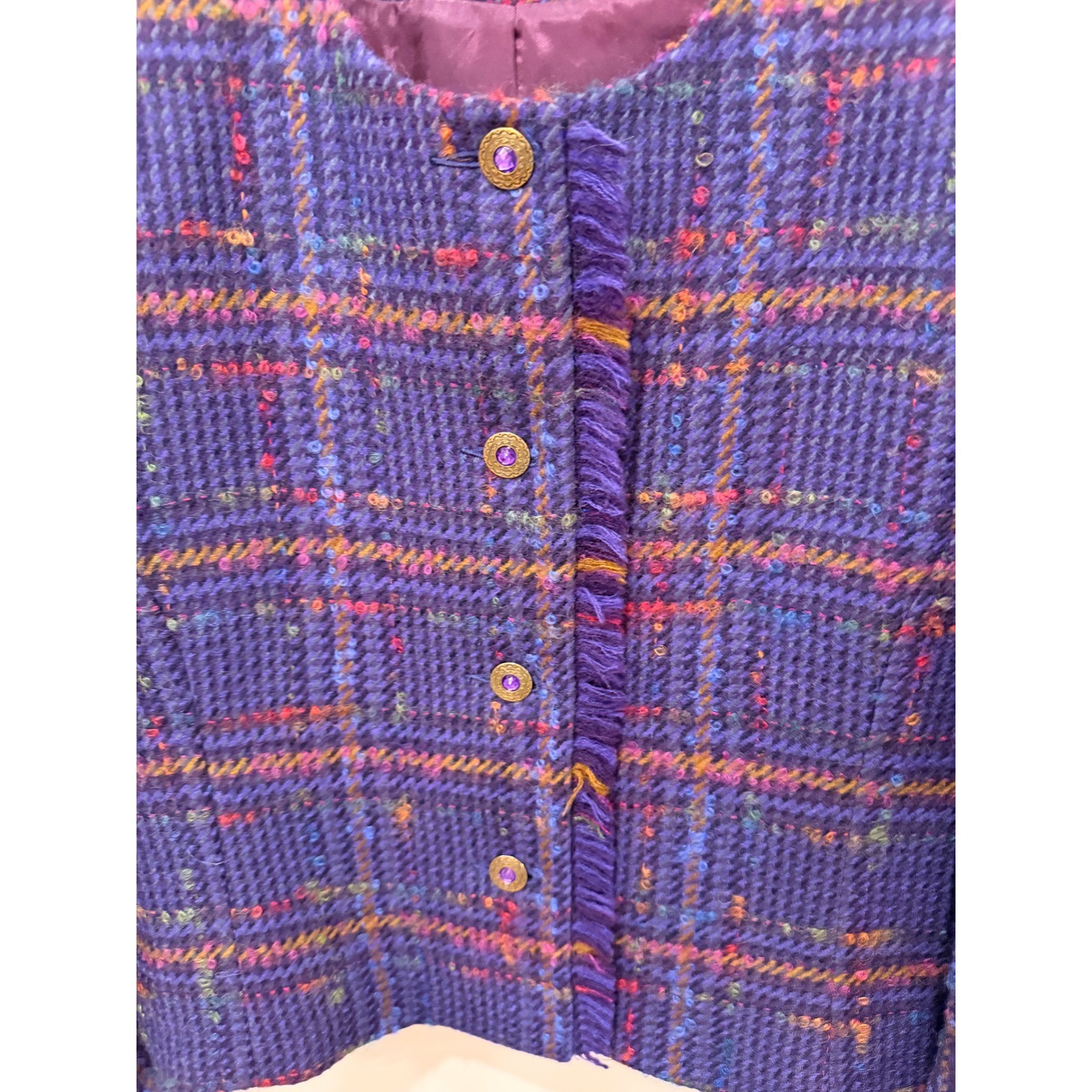 Lombardi Inc Vintage Purple Plaid Wool Cropped Jacket Fringe Button Up Size 14