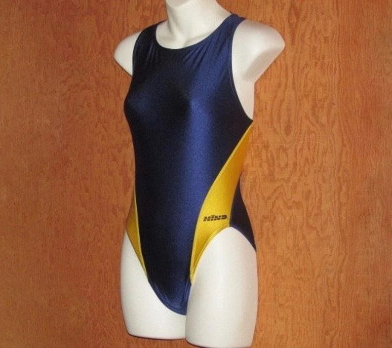 Vintage 80s Hind Athletic Racerback Swimsuit, Blue Yellow Sportswear Women’s XS