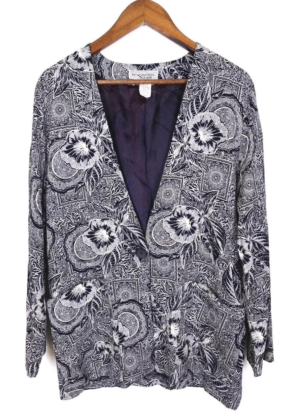 Vintage Kensington Square Navy White Floral 1-Button Blazer Jacket – Size Large