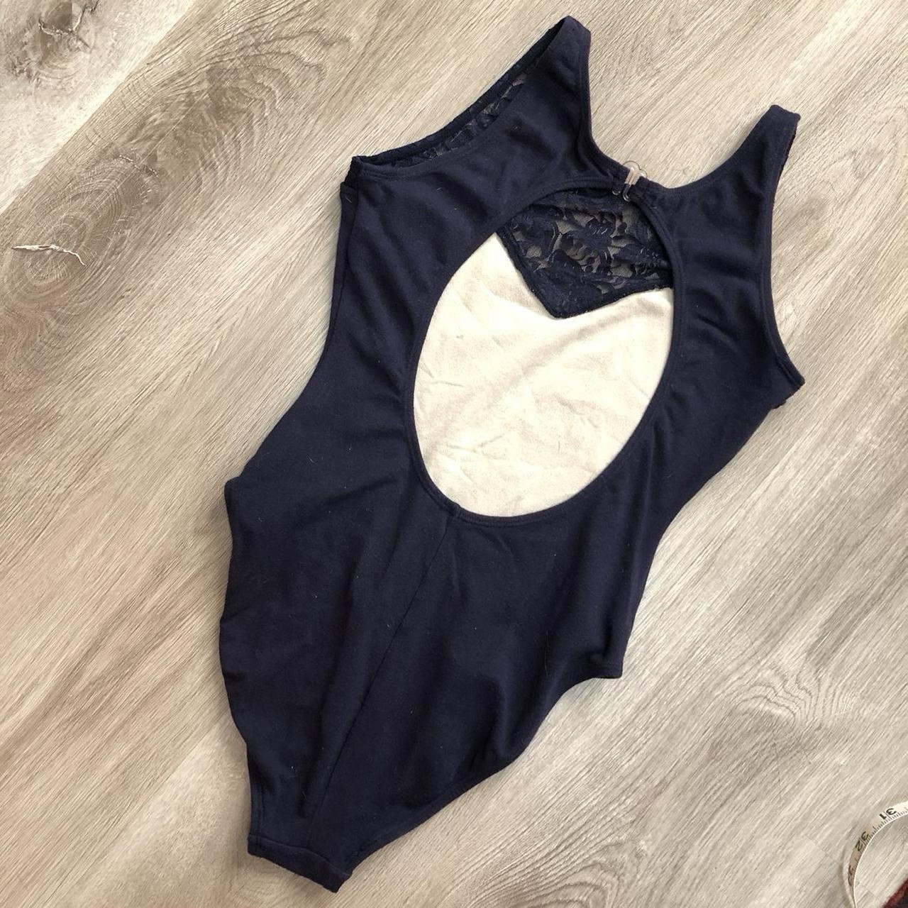 Vintage 90s Navy Jersey Lace Neck High Cut Swimsuit Bodysuit Medium