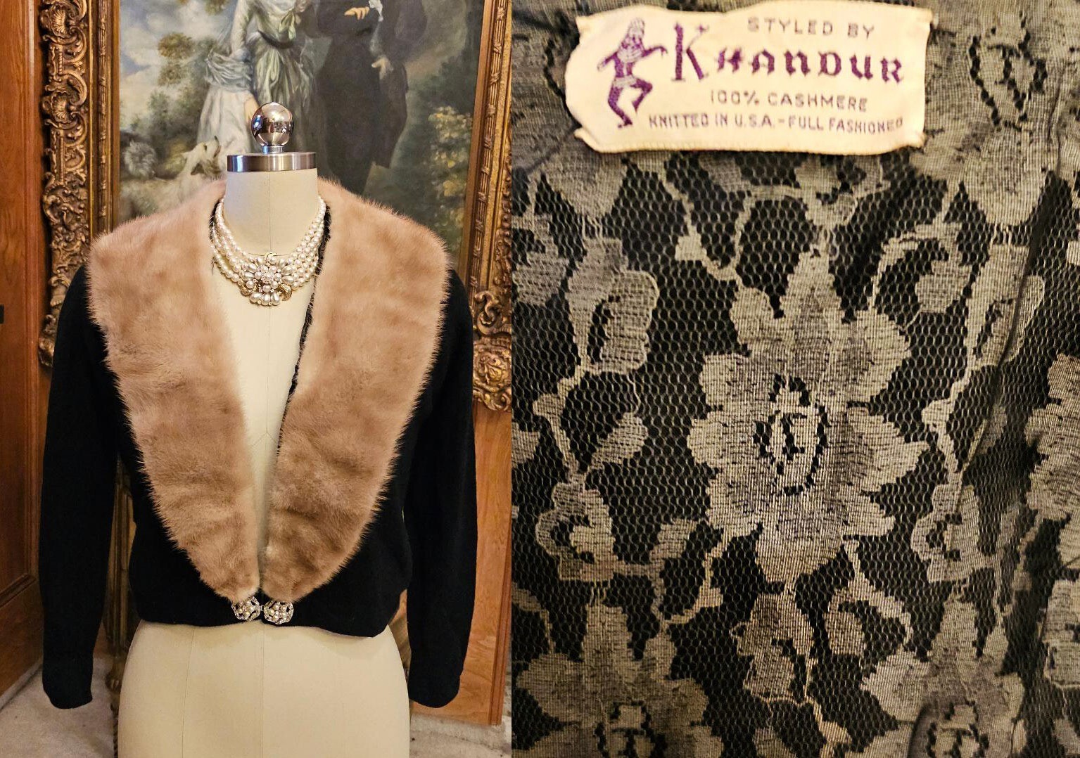 VINTAGE STYLED BY KHANDUR CASHMERE & MINK EVENING SWEATER PEARL RHINESTONE CLASP