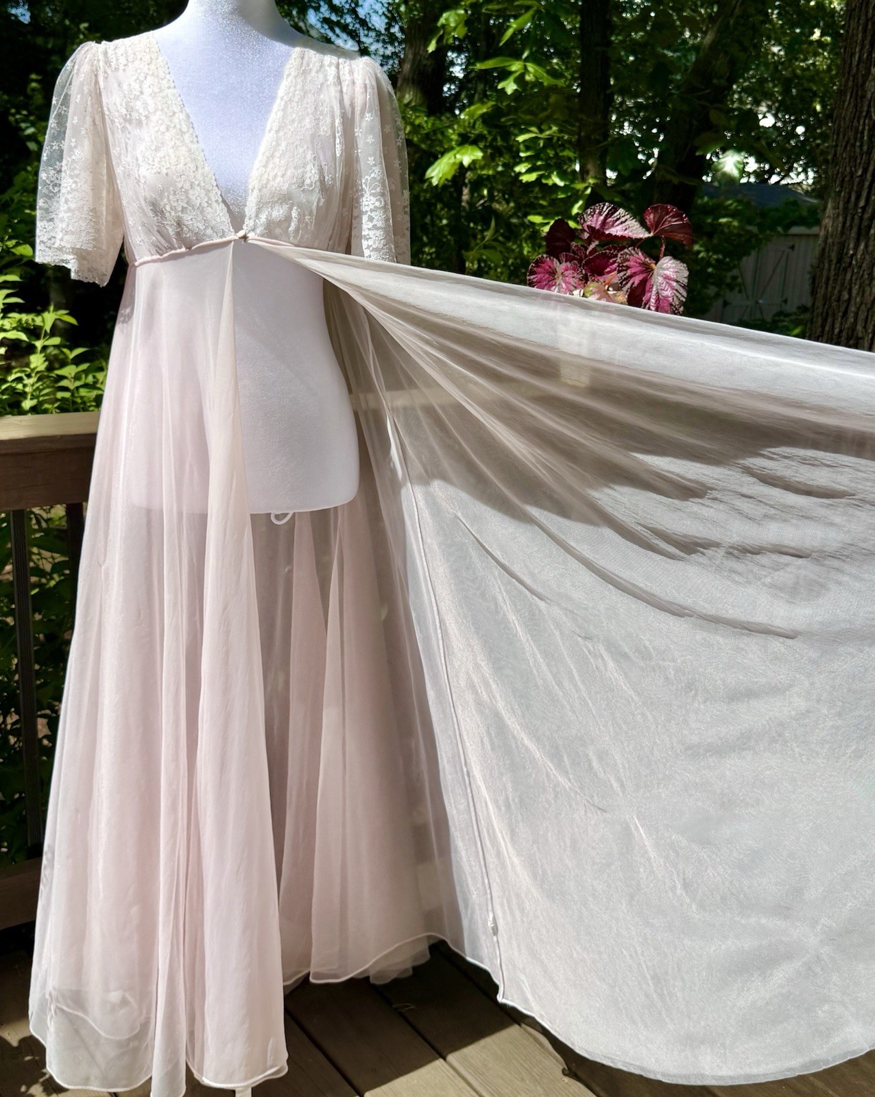 Vtg 60s Robe Open Gown Double Chiffon Full Sweep Maxi Empire Pink Lace Top S M +