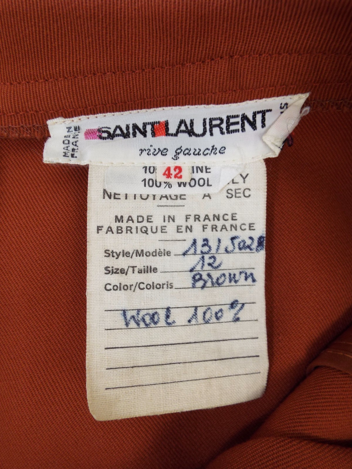 VTG 1970s Yves Saint Laurent Rive Gauche Rust Brown Wool Pants Wide Trousers YSL