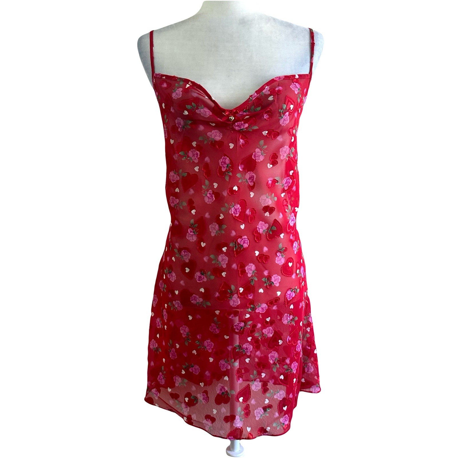 California Dynasty Vtg 80s Red Hearts Roses Sheer Lingerie Slip Dress Womens XL