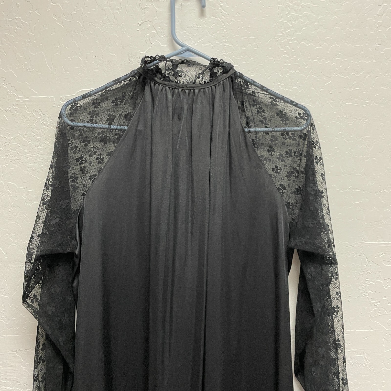 Vtg Jolie Two Nylon Hostess Robe JC Penney Sheer Lace Sleeve M Ruffle Long Black