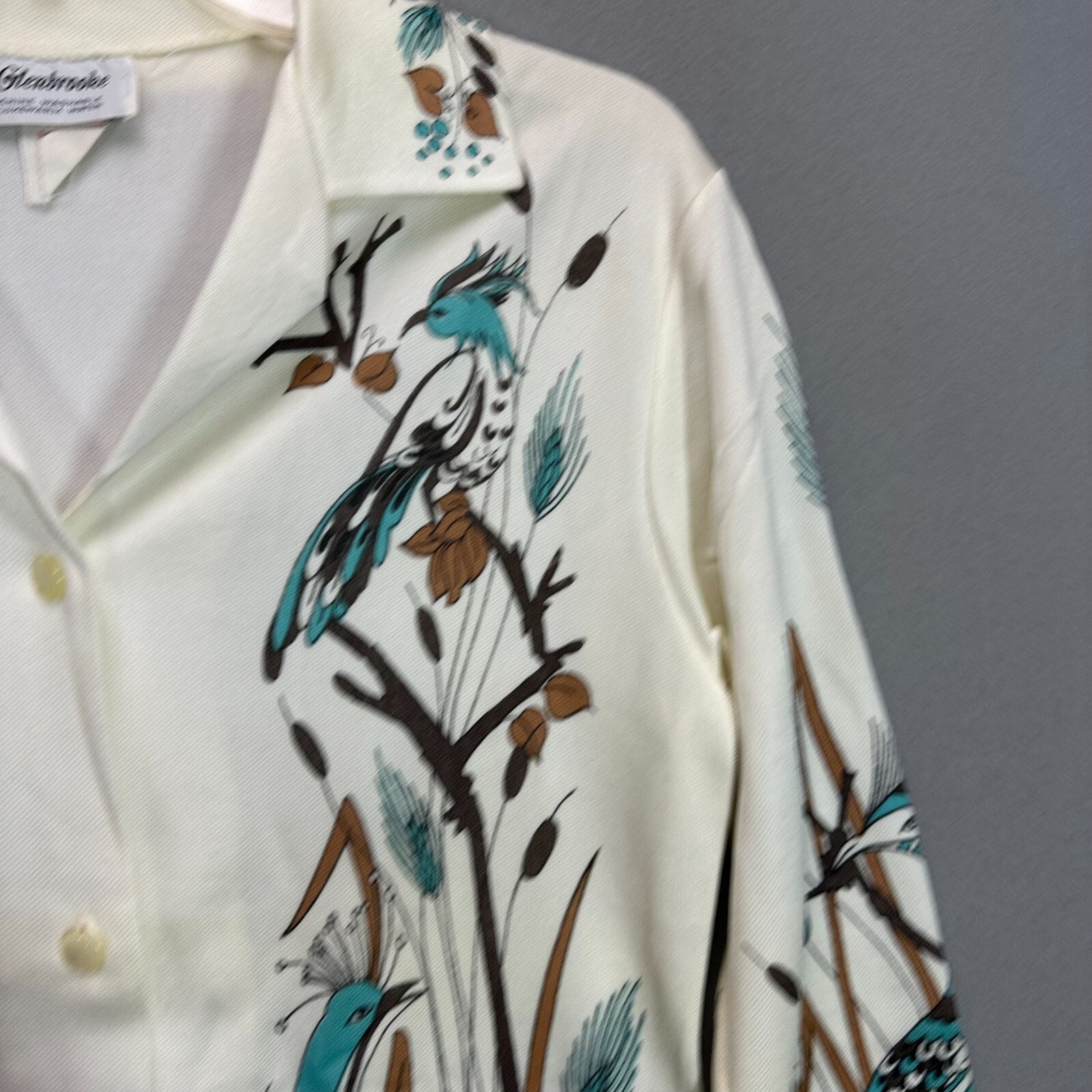 Vintage 70s Disco Shirt Womens M Polyester Peacock Feathers Teal Fall Holiday