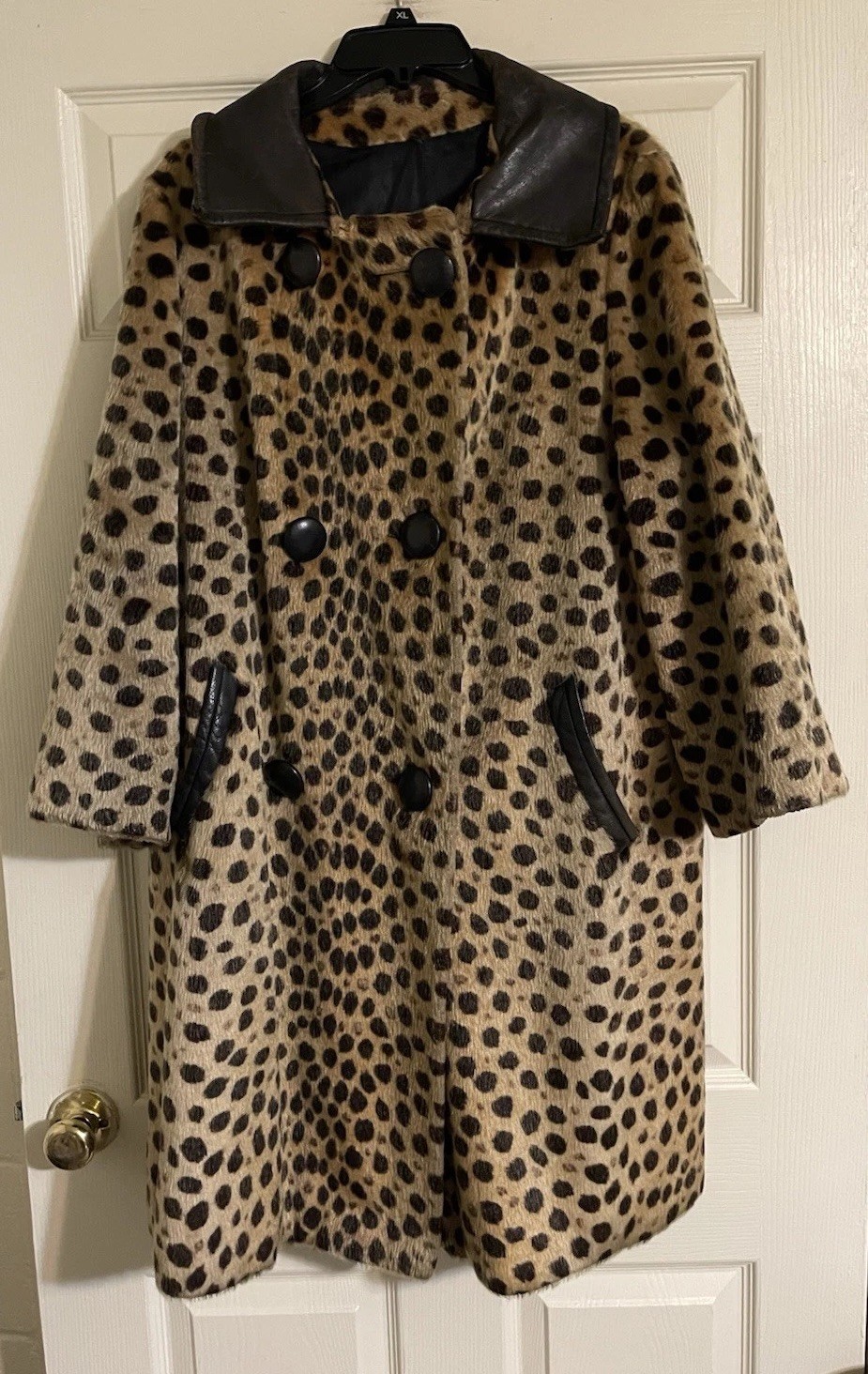 Chita By Fairmoor Coat Vtg 60s Faux Cheetah Leather Trim Collins Aikman L/XL