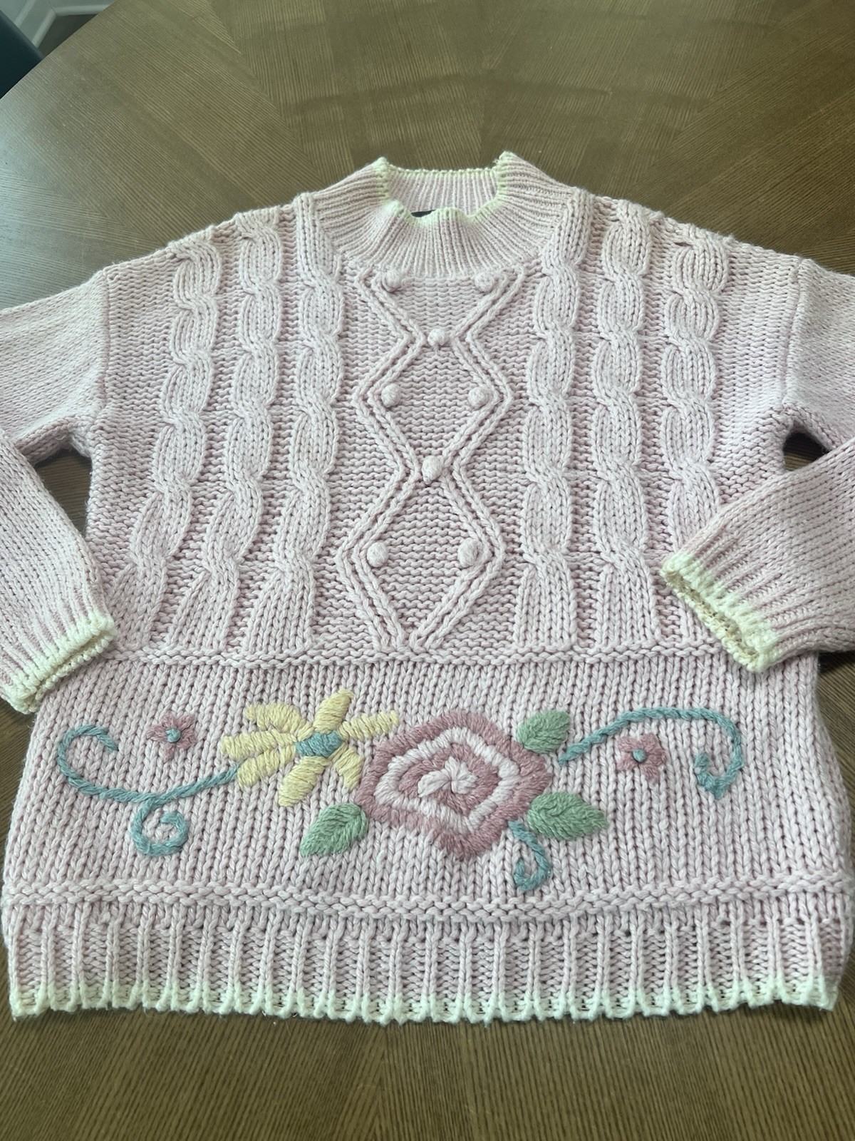 Beldoch Popper Vintage 90’s Cottage-Core Pink Knit Floral Sweater Size Large