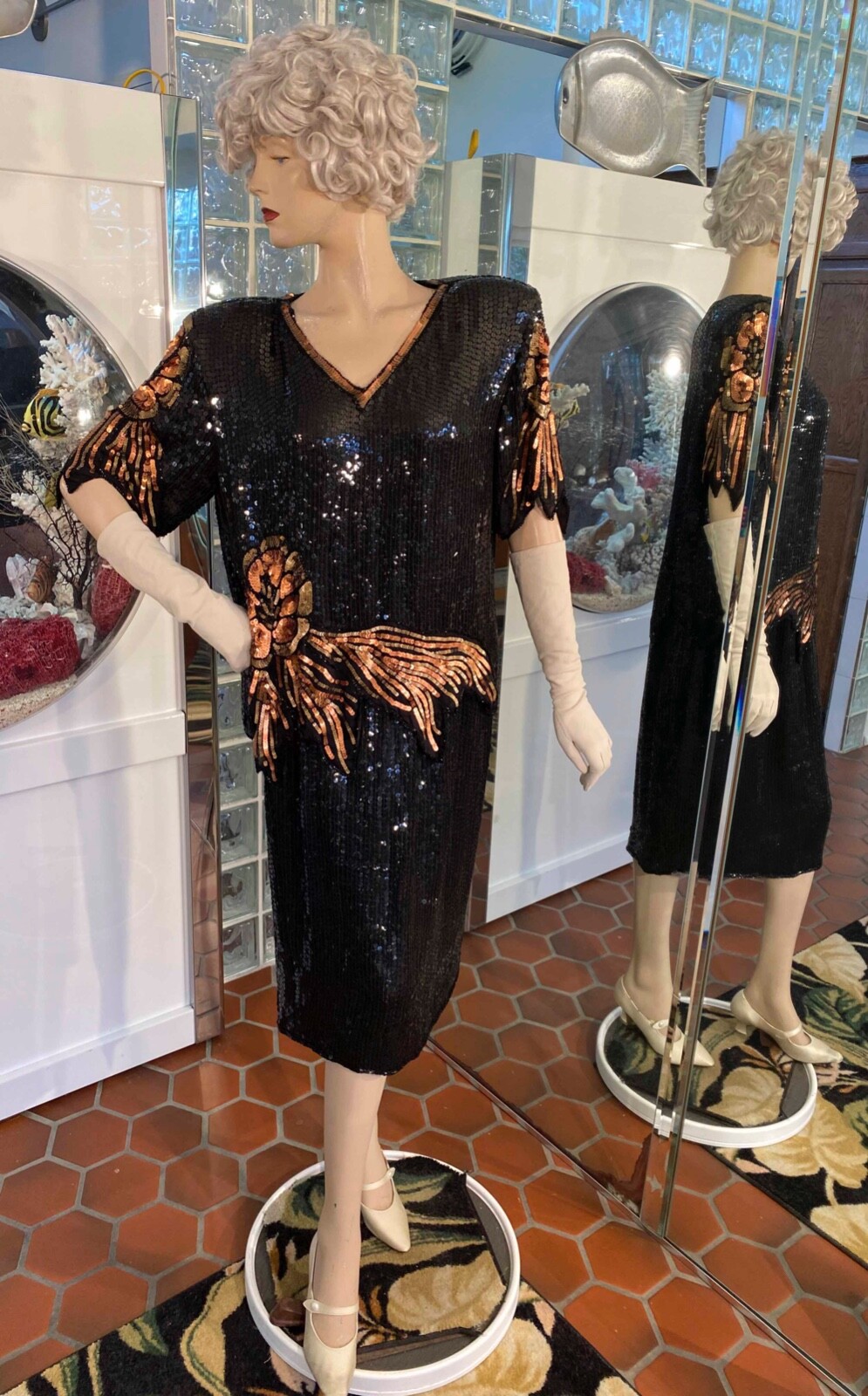VTG 100% SILK Flapper Gatsby Dress Black Sequin set Skirt & Top size ML