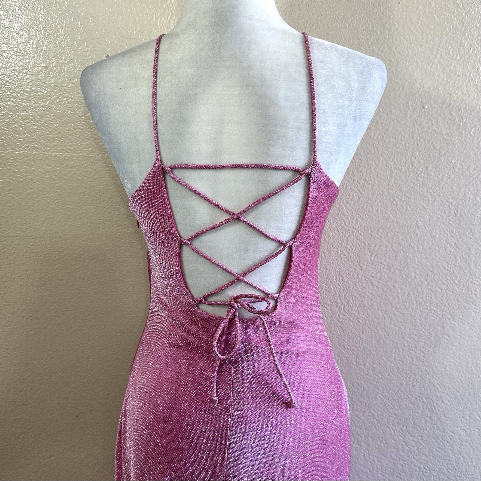 De Laru by Sheila Yen Vtg 90s Pink Glitter Halter Corset Prom Dress Women’s S