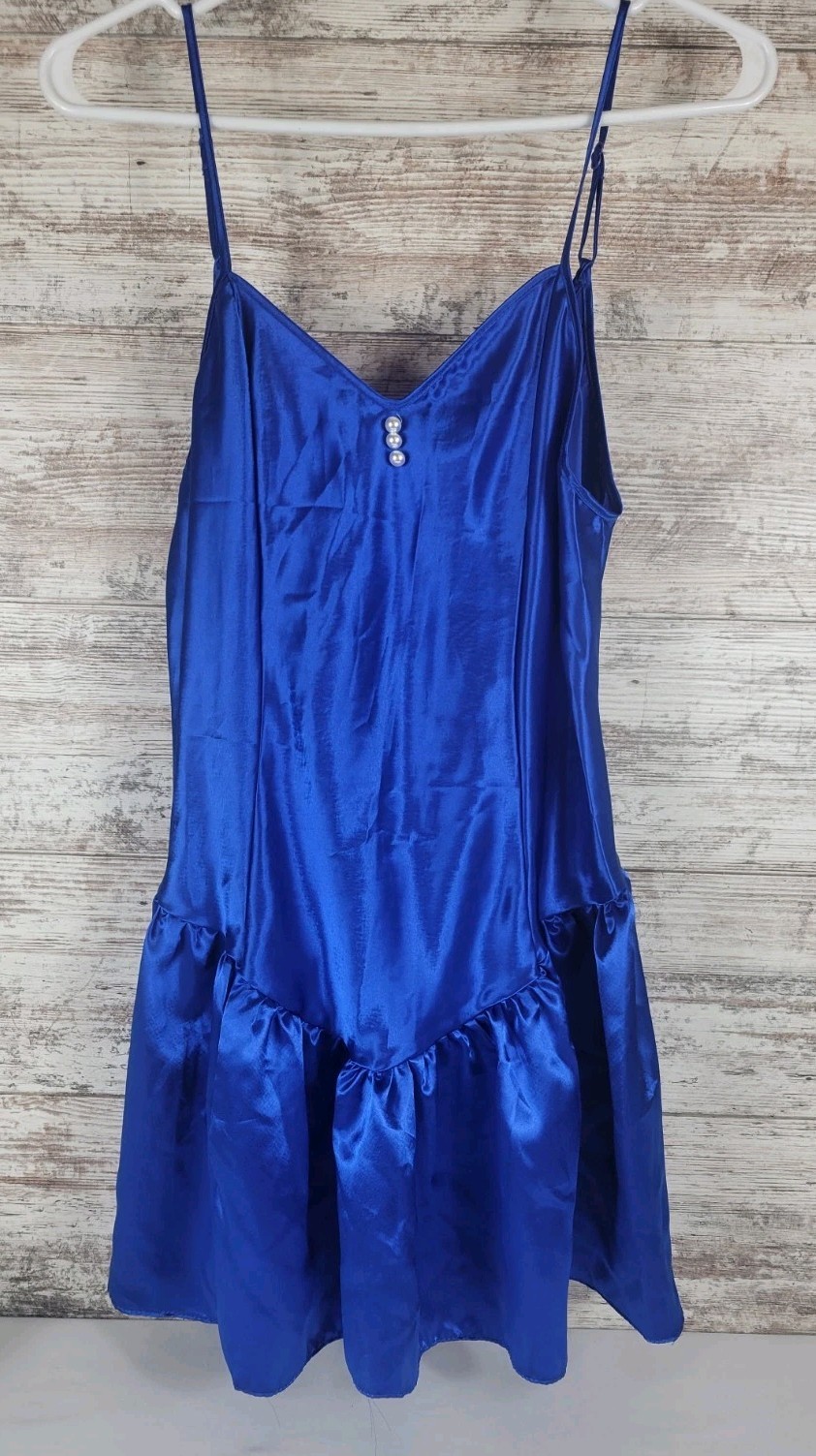 Vintage Lady Cameo Dallas Blue Satin Chemise Lingerie Nightgown Size Large USA