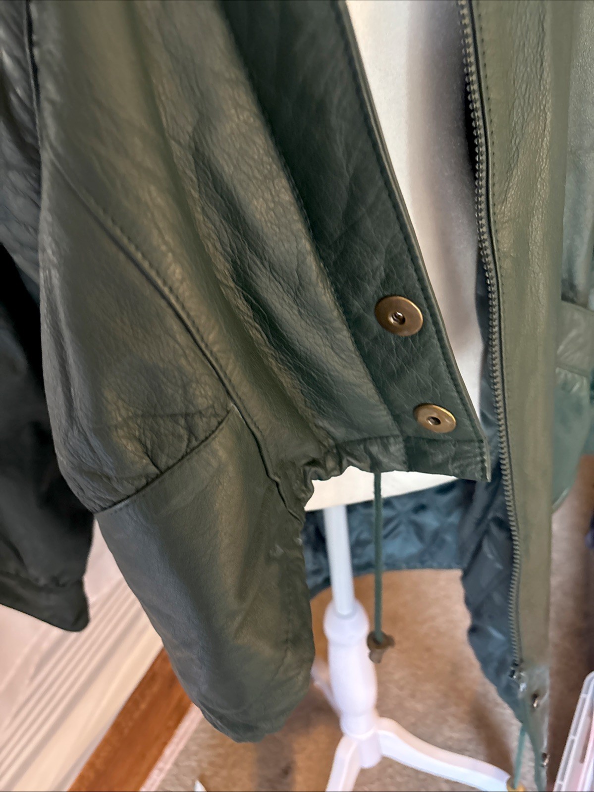 Vtg Green Leather Coat Quilted Liner Removable Hood High Collar J. Ferrar M