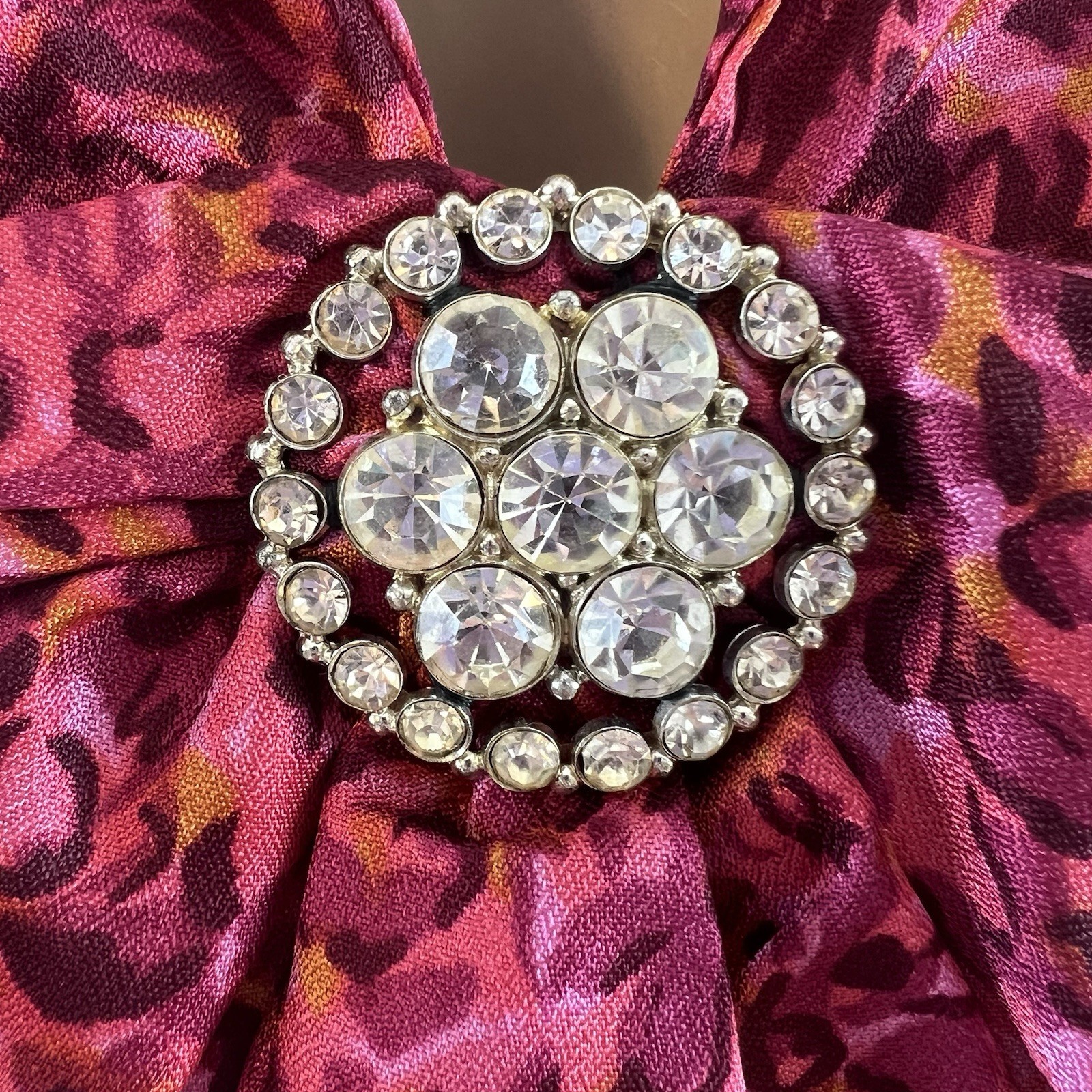 Vintage 1960s Dress Colorful Pink Abstract Floral Mod Drop Waist Bow Rhinestone