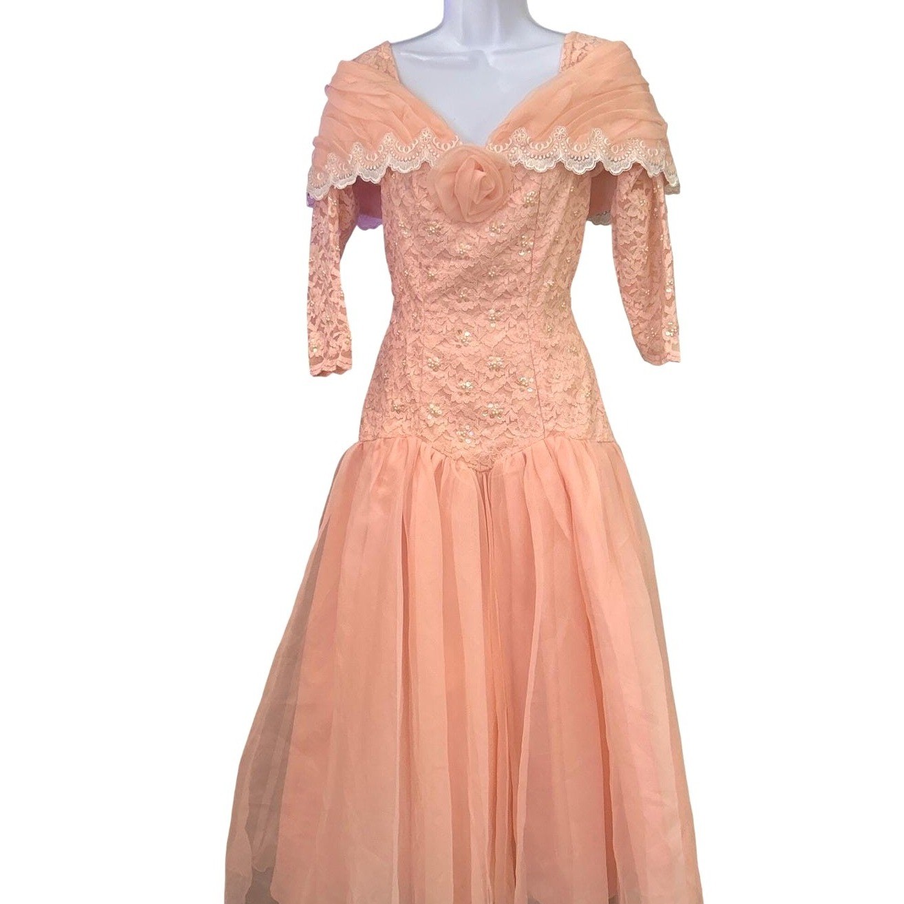 80s Vintage Unbranded Peach Lace Prom Dress Princesscore Coquette Formal Party