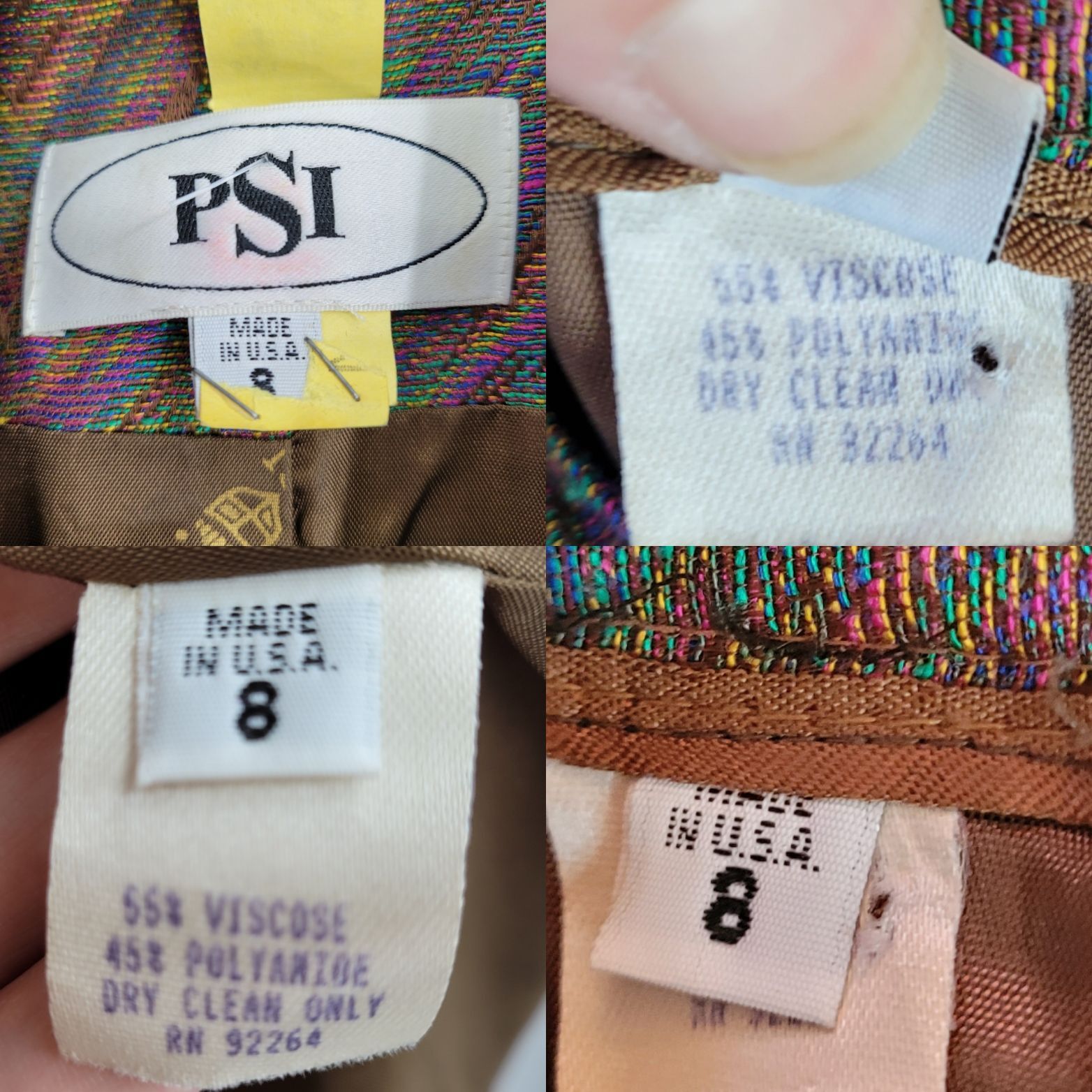 Womens 80’s Power Suit 8 Skirt Set Rainbow Chevron Psychedelic Twill Button