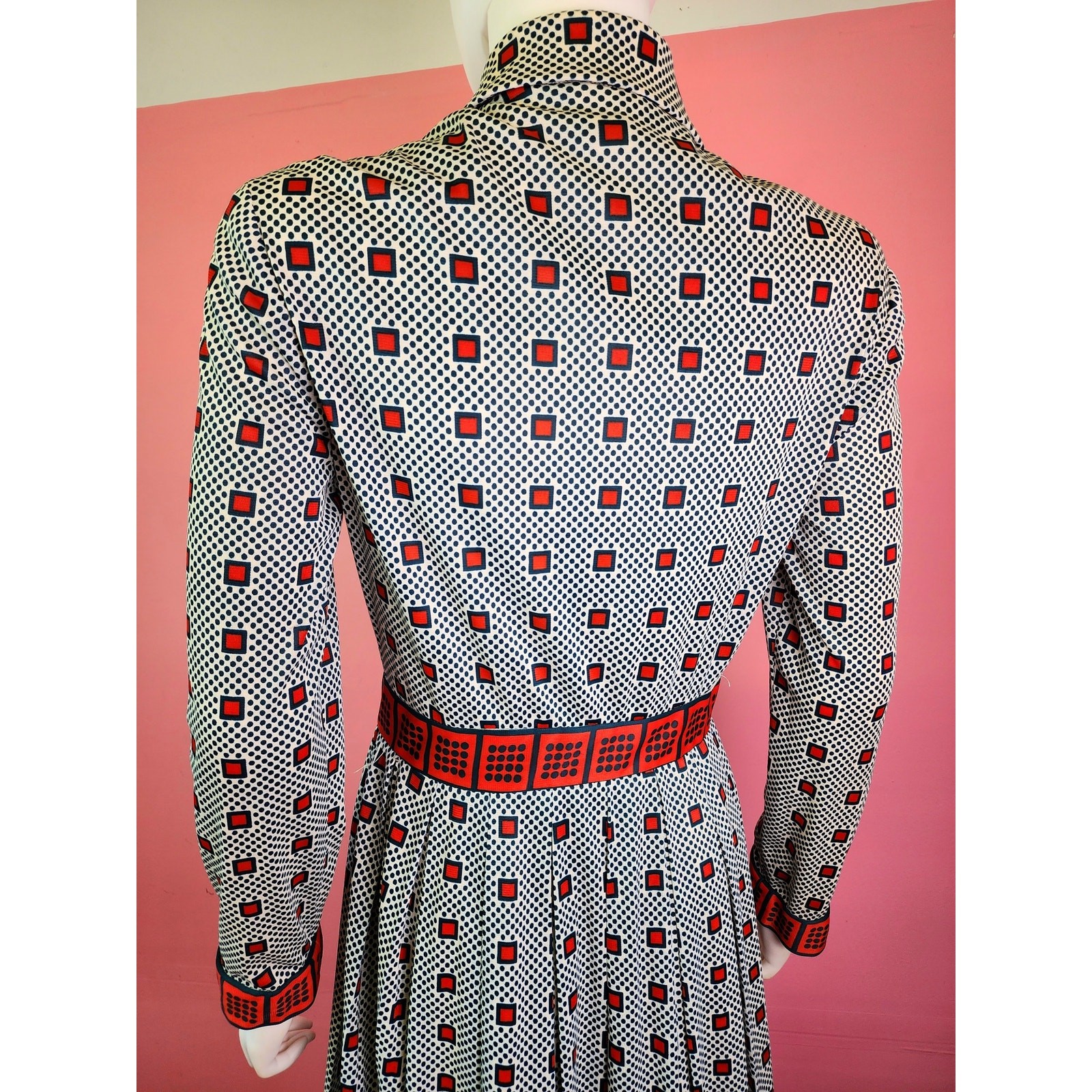 Vintage 1970’s Green and Red Checkered Dot Patterned Pleated Shirt Dress