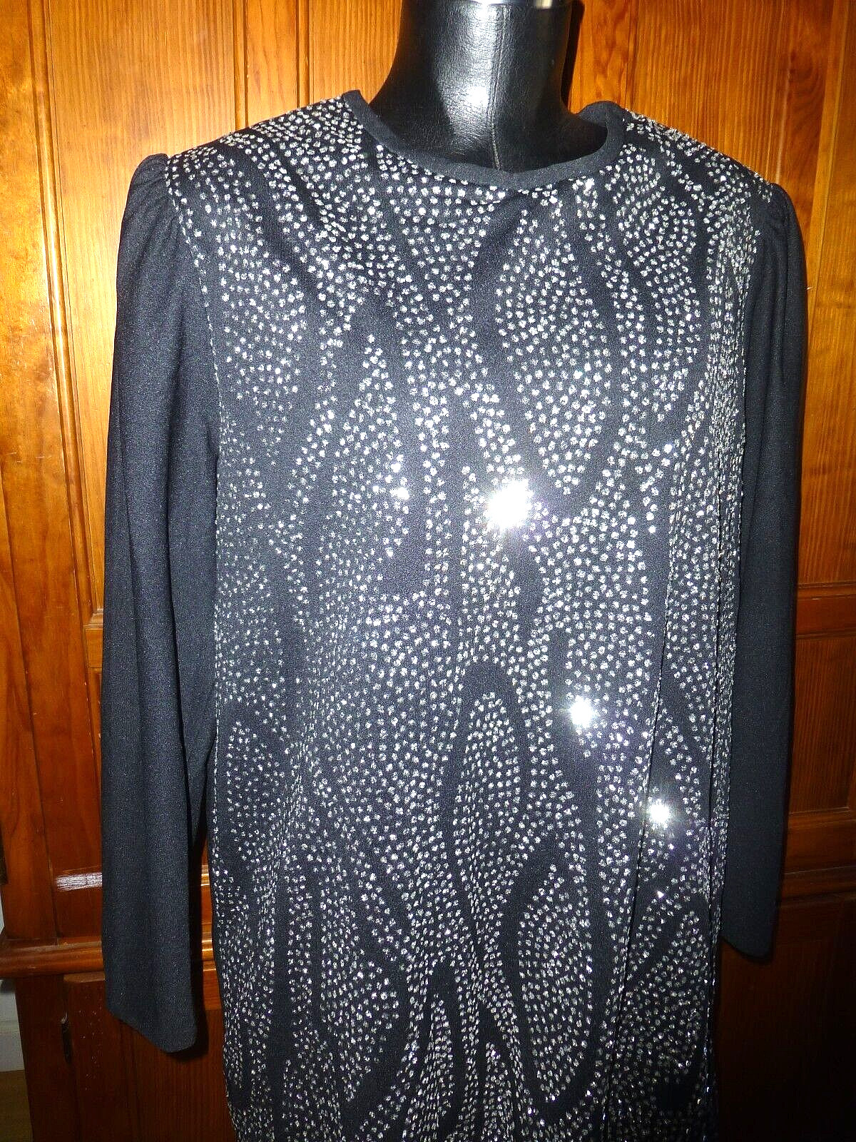 VTG 70s Black Shimmer glitter Micro Pleats Disco evening shift DRESS L XL
