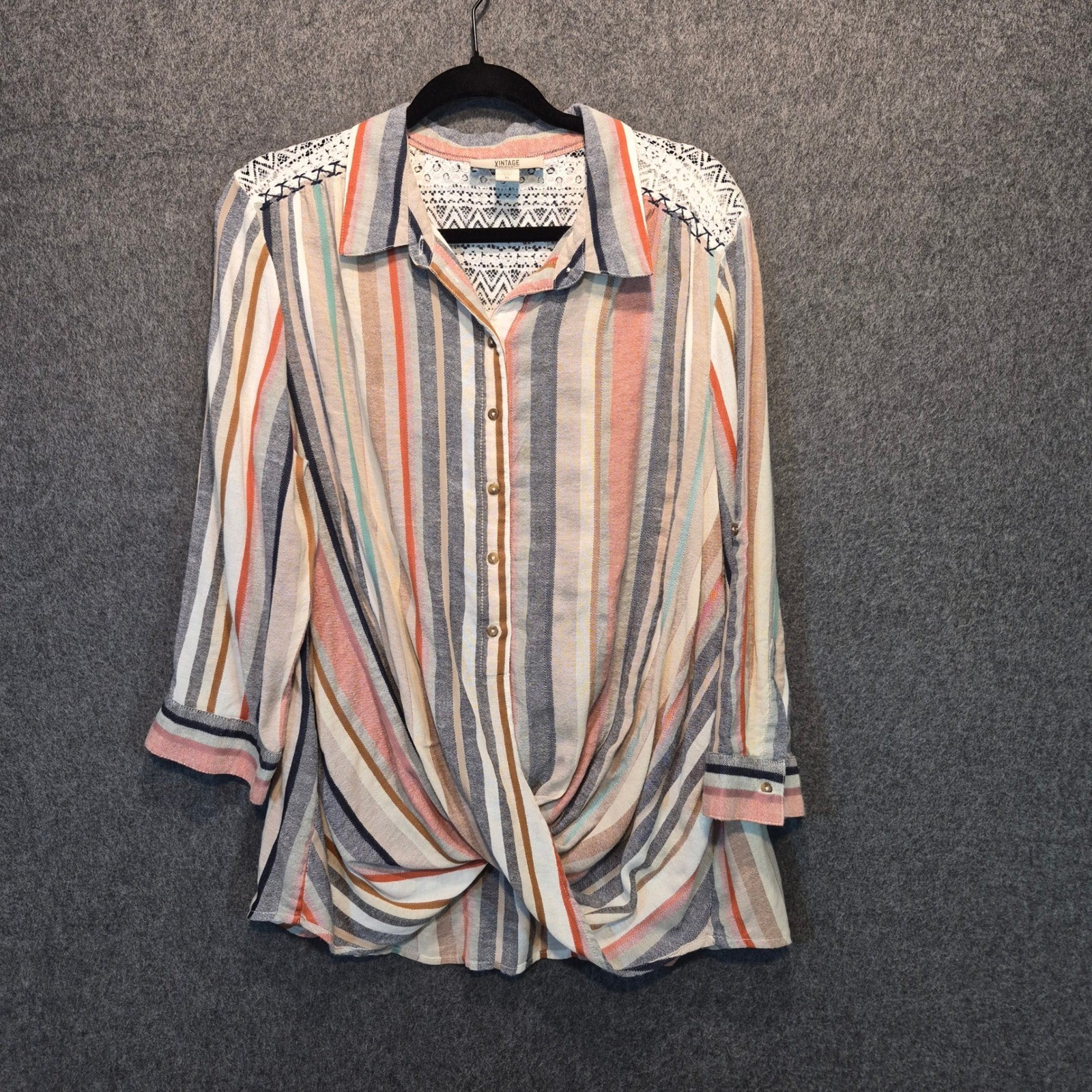 Vintage America Blues Striped XL Top with Front Twist & Lace Detailing Coastal