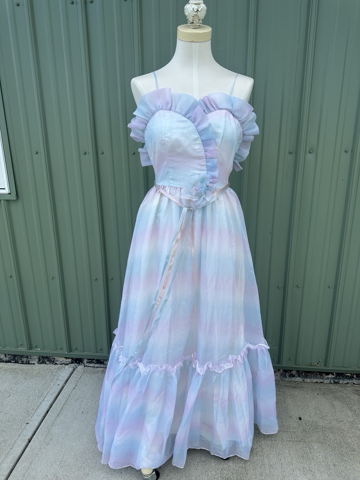 VTG Dress 80s 70s JCPenney Pastel Rainbow Ruffle Dress 3/4 Xs