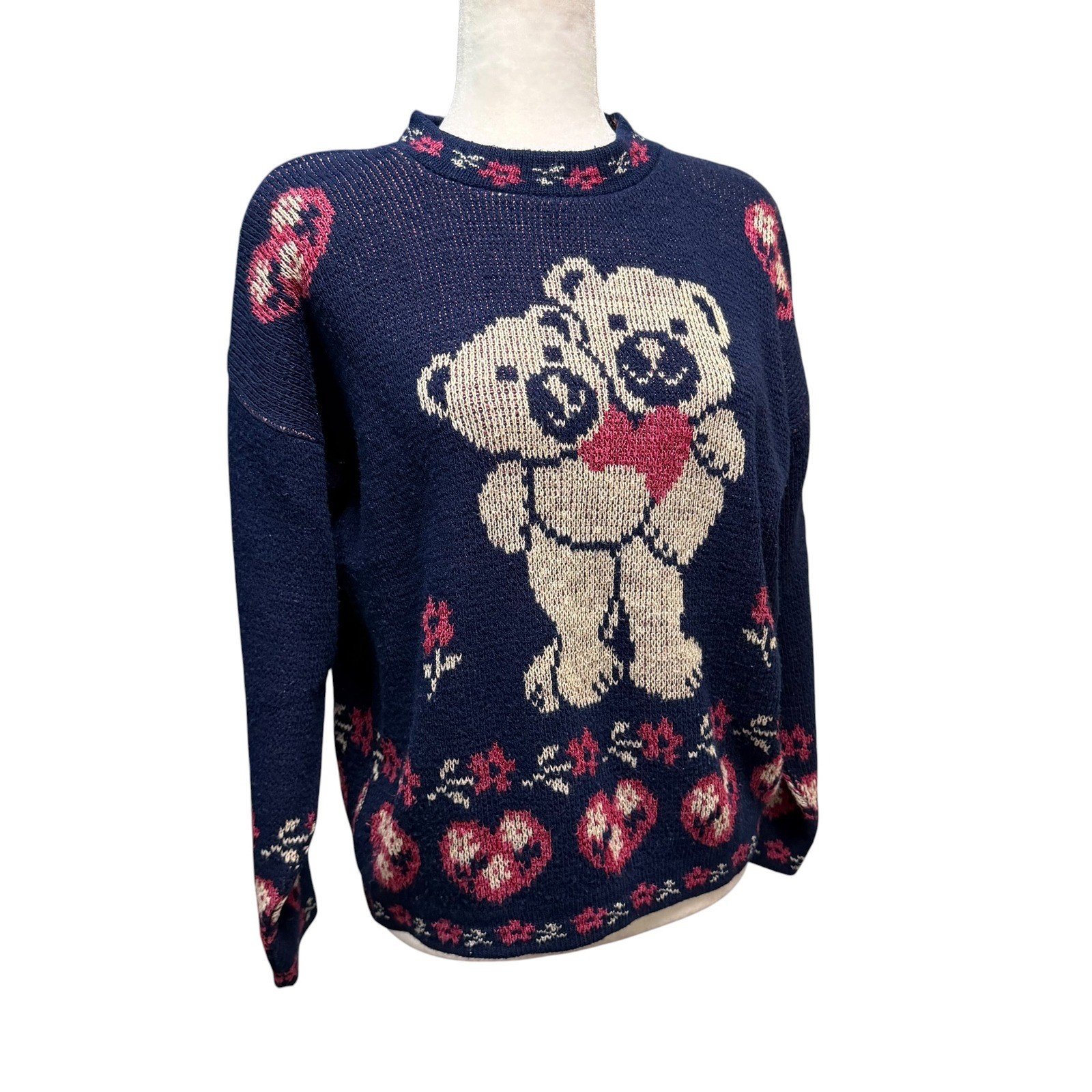 Vtg Adele Knitwear Sweater Womens L Teddy Bear Heart Graphic AOP Grannycore